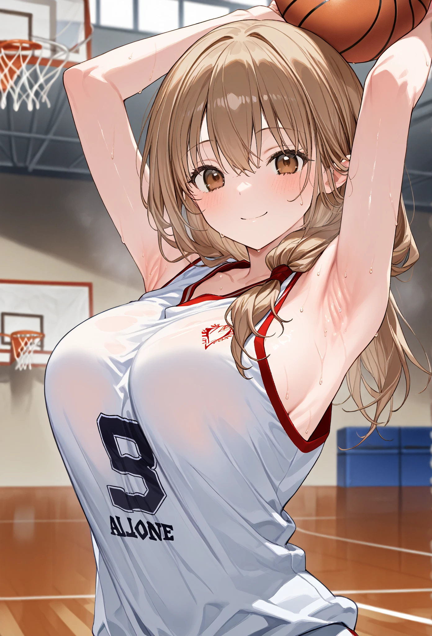Nsfw,(highest quality,8K,32k,masterpiece),(High resolution),Super detailed,very beautiful face and eyes,1 girl,(close,highest quality,high detail,Rich skin details),(highest quality,8K,oil paint:1.2),Super detailed,tareme,
Blond hair,short hair,Lovely white clothes,Complements a variety of shades of black,There is a delicate makeup,shining face,Exquisite,Brilliantred eyes,Feel like a sweet girl,gigantic breast,nipples,pussy,(basketball uniform),school gym,(smile:1.5),(standing naked men,penis,handjob:1.3)