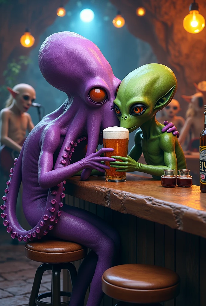 Photo of an alien from Roswell,  and a group of people laughing and drinking and having a good time in a busy bar,  art by J.c. leyendecker,  canon 5d mark 4,  Kodak Ektar,  Neon light
