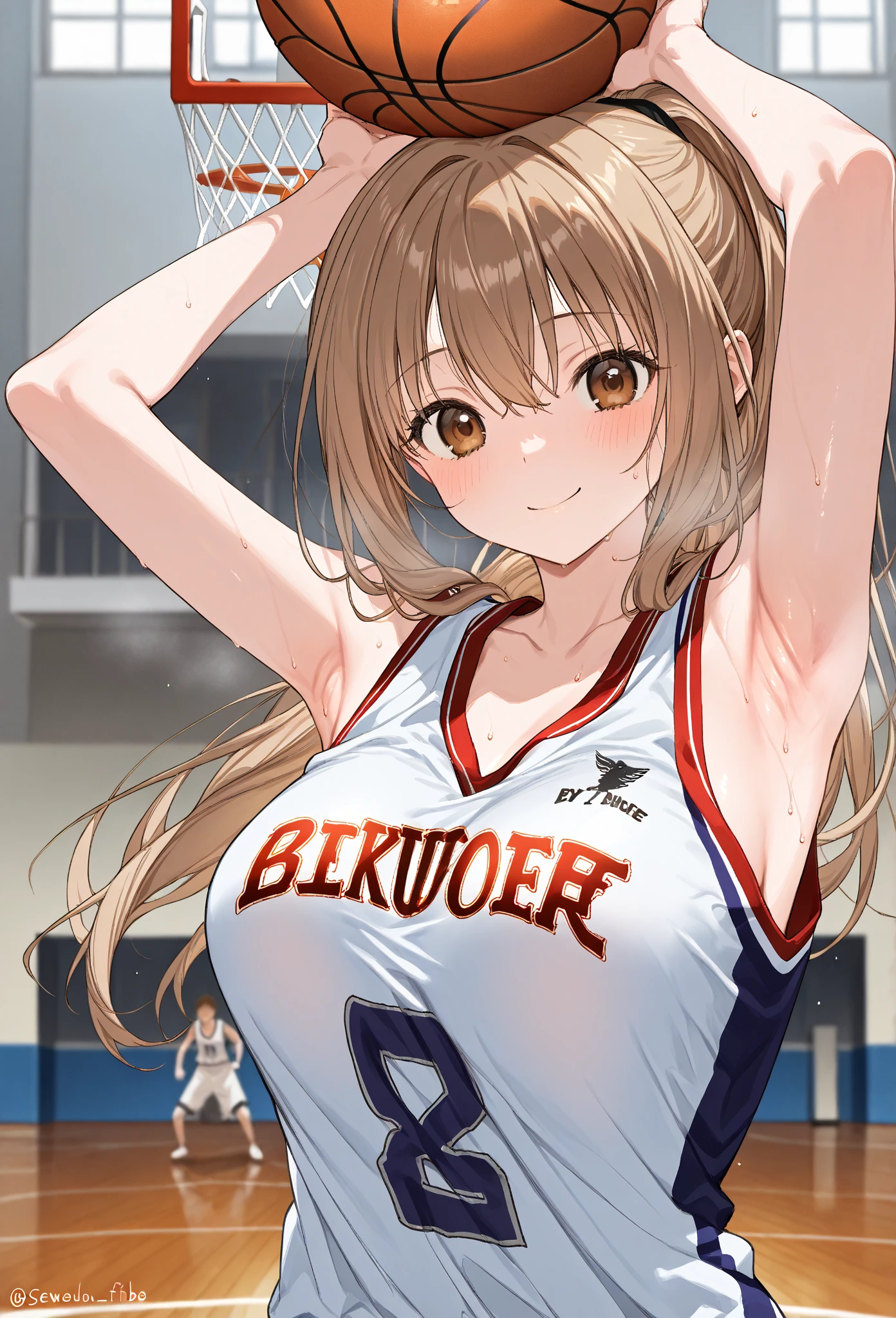 (One Girl), Very cute face, Great face and eyes, (Highly detailed eyes, Highly detailed face), Fresh, Very beautiful appearance, (Ultra-realistic, High resolution), (Highest quality:1.4), RAW Photos, (Realistic, Realistic:1.37), Professional photography , (A pale pink basketball uniform that becomes transparent when wet ) , (Cleavage:1.2), (Expose your shouldersさせる), (Laugh a little), (look at me), Bedroom, Portrait of a Girl , (Huge breasts) , Expose your shoulders , I&#39;m  , (Erect nipples) , (ponytail) , (Her uniform clings tightly to her body., Exposing the nipples:1.1) , (Place your hands behind your head、Exposes the armpits:1.2) , (My chest is sweaty:1.2) , (Armpit hair:0.9) , (Wet basketball uniform:1.2) , Armpit hair ,((((Ultra-small bikini:1.7)))),(Deep Front Split Squat)