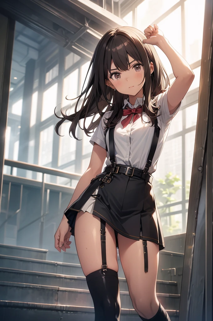 Brown Hair、Looking at the audience suspenders bulging big breasts Black mini skirt garter belt Knee-high socks sight Small face bangs beauty Show your hand sight Black boots Taunt Armpit sweat One person Put your hands behind your back Dress shirt Panty shot