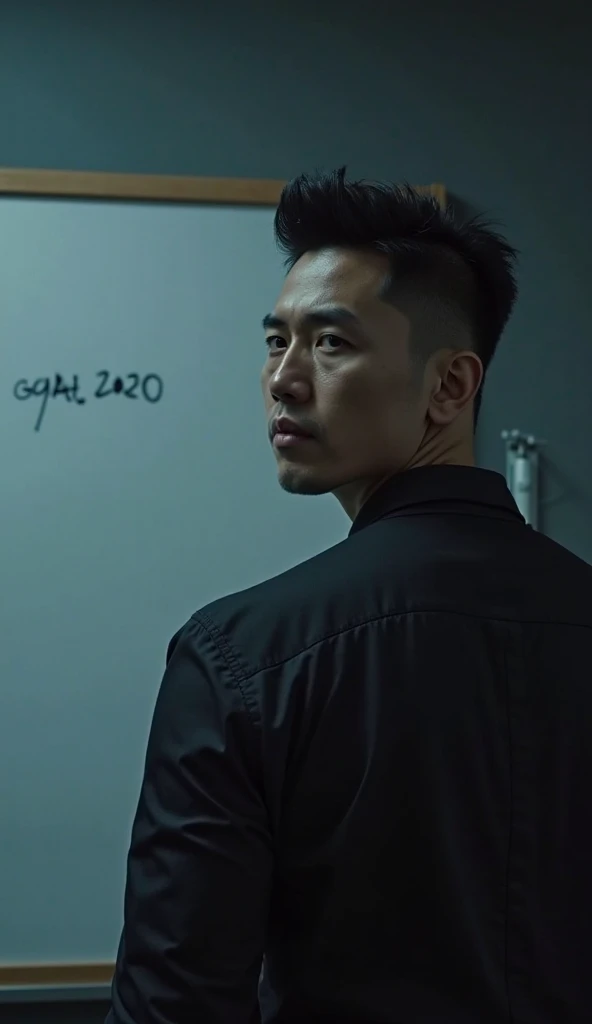 After the shower、Asian man who has just finished swimming、30 years old。Giant,He has white skin、Have a large muscular build。He received the call from a landline in his family's darkened room.。the body is wet and、I was wearing a towel。