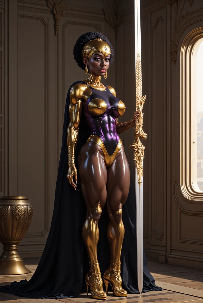 Full body dark-skinned female angel with a prominent bust, wide hips, marked abs, big ass, abundant afro-type hair, big eyes and snub nose, wearing tiny sexy black and gold armor detailed face, hyper realistic, 8k, photo-realistic, masterpiece, intricate details