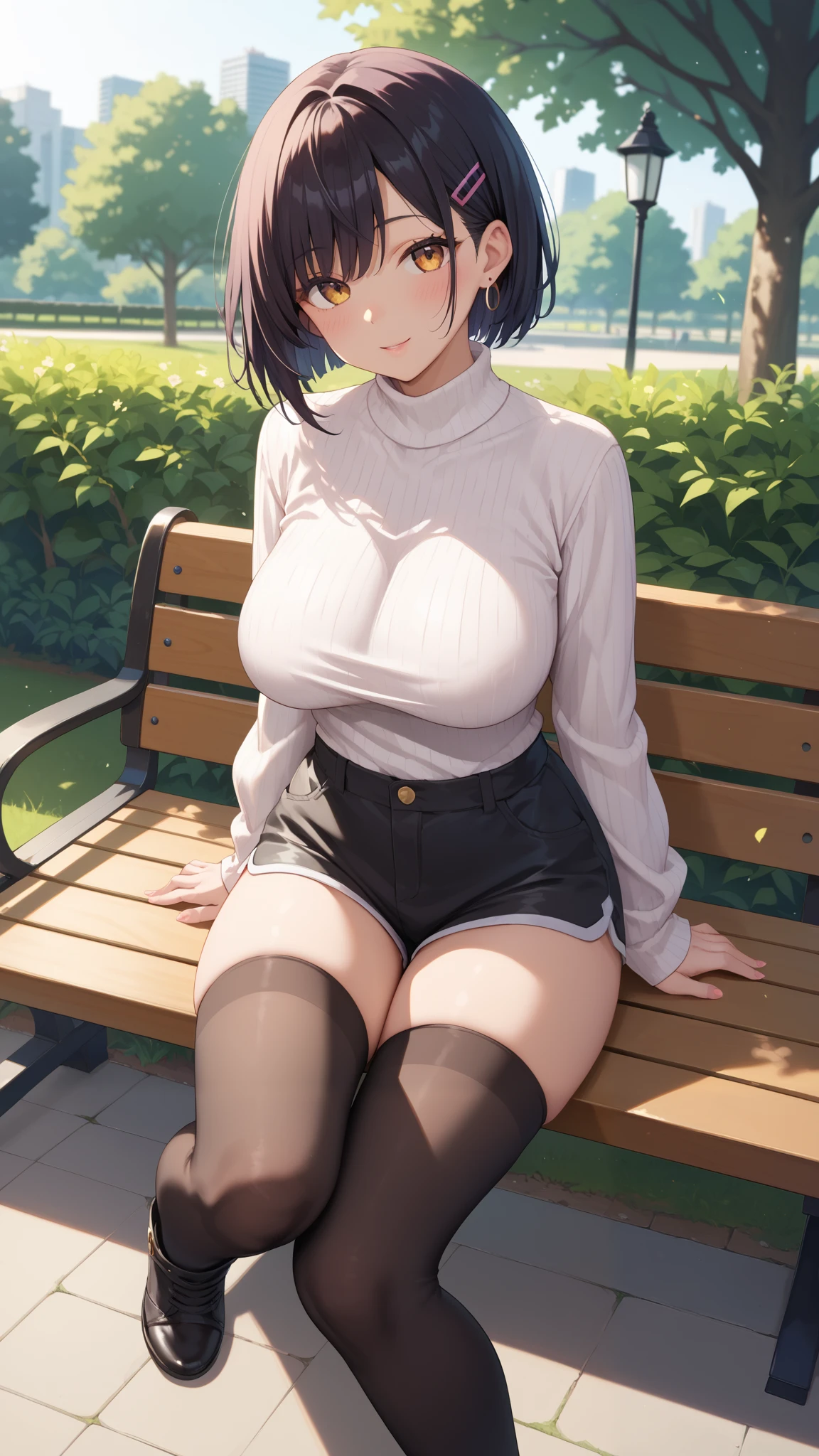1girl, solo, full body, (((wearing armor, warrior armor, ancient armor, armor boots))) masterpiece, (high detail:1 1), Rough face, Natural skin, high quality, Hinata, black hair, (((long hair))), ((French braid hair)), detailed hair, white eyes,(Big breasts:1.2 ),( smile:1.2),Face blush,(cleavage:1.4),Sexy figure, perfect bodies, beautiful eyes, (Detailed face and eyes), (face: 1 2), voices, Extra, real photo, ... ... ........... PSD, sharp focus, contrast lighting, Delicate skin, High definition 8K, incredible details, realistic, professional photo shooting, 8K UHD, SLR camera, soft lighting , high high quality, film grain, Fujifilm XT3, magic, particle FX, (((tight flare pants))), (((sitting on the bench, legs opened, spreading legs))), (((show cameltoe and nipples))), (((show armpit))), (((very sweaty armpit))), (see-through nipples), (((show armpit)))