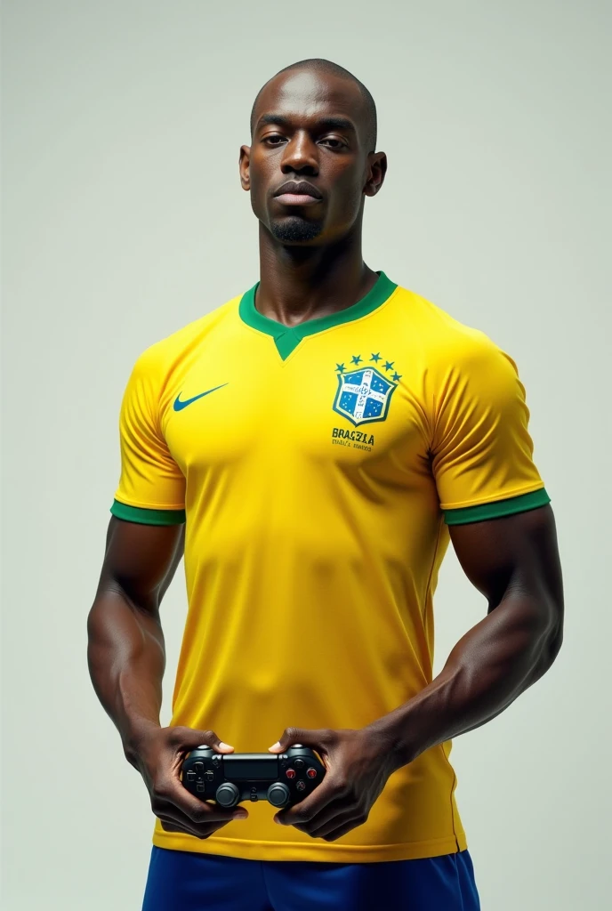 Black bald man, with Brazilian football team clothes
