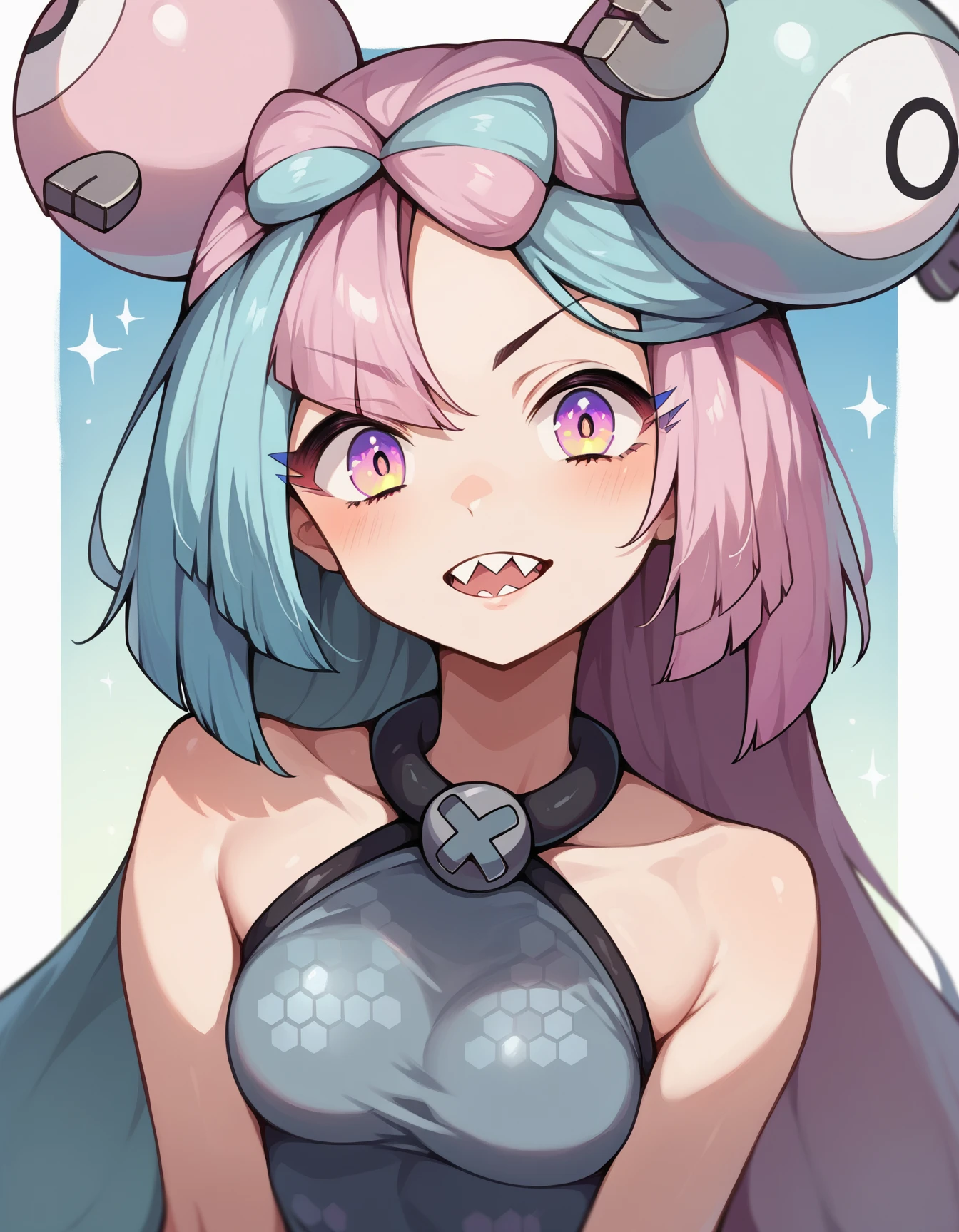 score 9, score 8 up, score 7 up, rating questionable, 1girl, solo,
easynegative, pokemon iono, blue hair, bow-shaped hair, character hair ornament, hair ornament, long hair, low-tied long hair, multicolored hair, pink hair, sharp teeth, split-color hair, twintails, two-tone hair, pout, in a boxing ring, outside, at night,
tight shorts, black top, black gloves, lineart, aura, combat stance, red eyes, glowing eyes