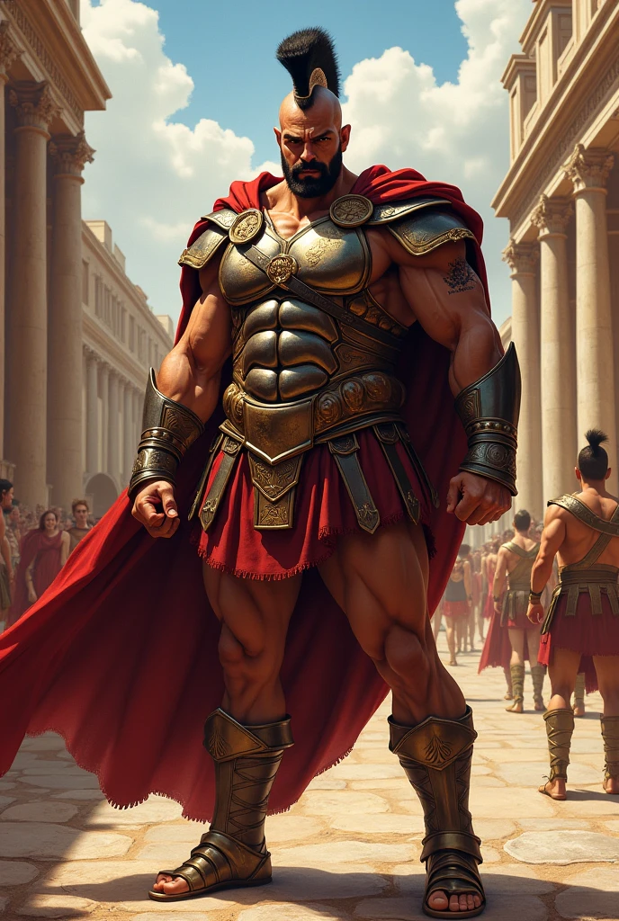 The arena falls silent as the mighty Ares steps forth, his muscular form casting an imposing shadow. His eyes burn with the intensity of a thousand battles as he scans the crowd, daring any challenger to face him. With a thunderous roar, he raises his fists, ready to unleash his fury upon any foolish enough to stand against him.