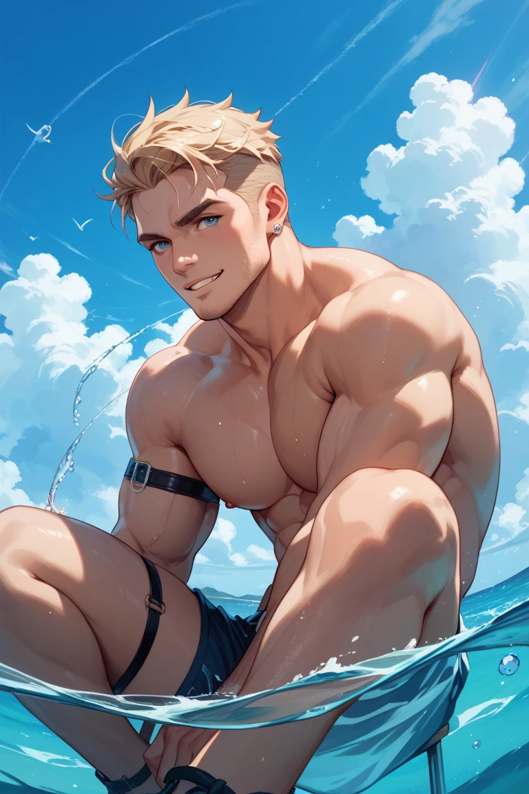 ((best quality)), ((Masterpiece)), (details), perfect face,high definition,Masterpiece,4k,details clearly,,,Handsome face,white skin,perfect body,male body,strong muscles,Abdomen muscles are wavy.,abdomen,blue eyes,white skin,The most handsome man in the world,handsome,,The coolest face,Male characters,Strong breasts,beautiful eyes,Look clearly...,short hair,Blonde hair,smile,happy face,kindness,perfect Body,Sixpack,Bright Skin,Healthy,shorts,Dark eyebrows,shirtless,Model,Bright lights,Posing,Happy,wet Skin,Yacht,on the Yacht,clear sky,Beautiful ocean,stand on boat,Spread your arms,The wind is blowing,relexing,Good lips,Full HD,beautiful light,Sun light,focus body,muscular,beautiful eyes