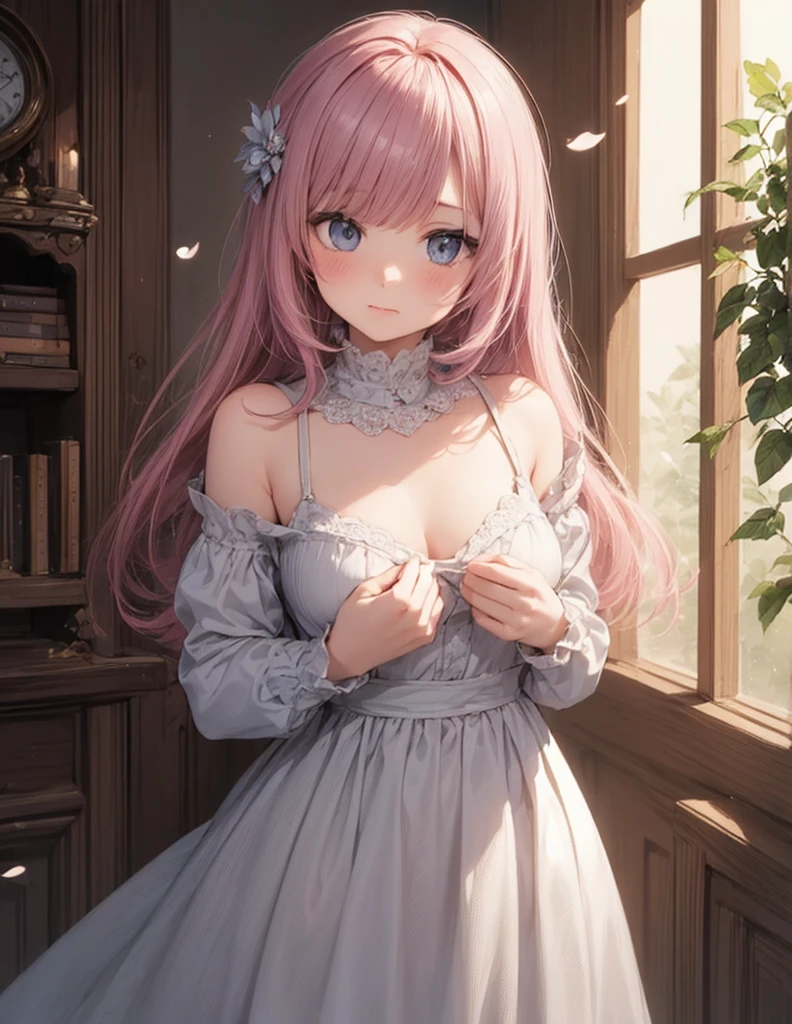(Masterpiece), Best quality, Ultra-detailed, Extremely detailed CG pink hair beauty，The figure sits gracefully on the windowsill，Sunlight pours in through the windows，Blow her hair，Beautiful gesture，Eyes high，The face is grim，Desirable，style，white dresses