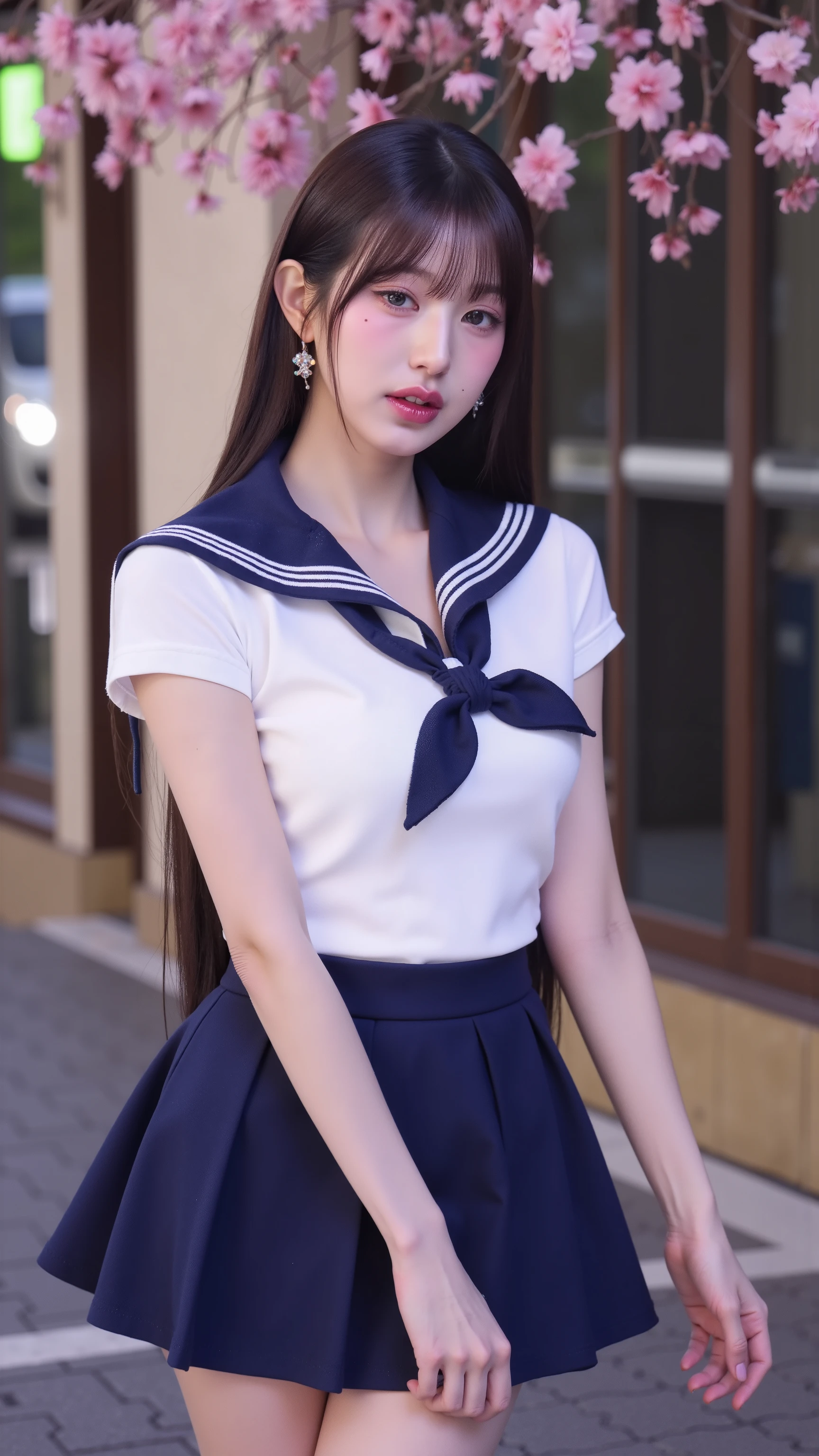 8k, masterpiece, full body, RAW photos, best quality,k1girl, j-cup busty 、big breast, (( top quality and the back is fully nude , 8k, ultra-detailed face, ultra realistic, Japanese street cherry blossom photography style with vintage lighting and film tones, big breasts, huge breasts, sexy fashion, in clasic town kyoto, sakura, wearing sexy Japanese highschool uniform , Pictures in pop art-like colors :1.37, Extreme realism:1.21, High resolution photos:1.21, High-quality photos:1.21, High photorealism:1.21, (Best Quality:1.37), 32k resolution, High Dynamic Range :1.5, very detailed:1.5, hyperrealism:1.5, Massive File Sizes :1.5, masterpiece:1.21, Noise Reduction:1.5, Realistic:1.5, RAW Photos:1.5, beautiful Japanese woman , extreme close up:1.1, Brown Hair Color, chignon hair , She is wearing a uniform, The traditional sailor uniform of a prestigious Tokyo high school, White uniform, Short-sleeved sailor suit:1.21, sera fuku:1.21, I can see your belly, Navy Blue Pleated Miniskirt , pop neon city background, Cinema Lighting,