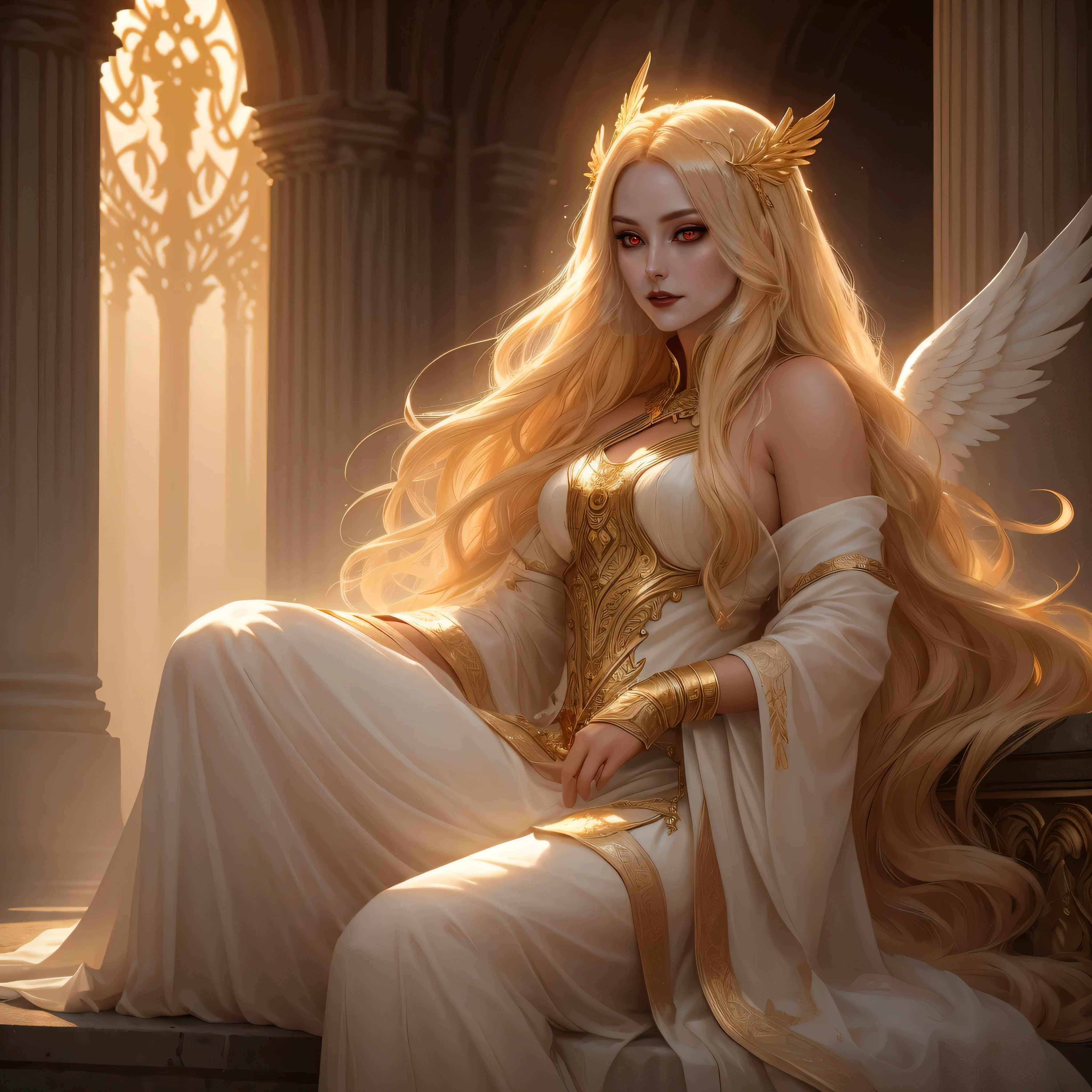 A celestial archangel with flowing golden blonde hair, dressed in an ethereal white robe adorned with intricate golden accents, walking gracefully through a grand, ancient temple. Her radiant wings extend behind her, shimmering faintly in the dim atmosphere. The temple is vast, with towering marble pillars, intricate gothic carvings, and faintly glowing runes on the walls. Shadows dance across the stone floor, illuminated only by flickering torchlight and a mysterious ethereal glow from the stained-glass windows. The air feels heavy with divine energy, a mix of sacred and eerie ambiance. The scene is dark yet majestic, blending celestial beauty with an ominous undertone. Natural light, 35mm photograph, film, professional, 4k, highly detailed, Golden hour lighting. Depth of field F2. Rule of Thirds Composition.,A close-up portrait of a celestial archangel, her golden blonde hair cascading elegantly around her ethereal face. Her once-pure, radiant eyes now glow with a subtle red hue, as if barely concealing a dark transformation. A faint, knowing smirk curves her lips, exuding a sinister confidence, as if she has just ensnared someone in her divine manipulation. The soft golden halo around her flickers, distorting slightly, hinting at her slow descent into corruption. Her flawless, porcelain-like skin contrasts with the eerie, dim lighting that casts subtle shadows on her face. The background is blurred, a mix of celestial light and creeping darkness, symbolizing the conflict within her soul. Natural light, 35mm photograph, film, professional, 4k, highly detailed, Golden hour lighting. Depth of field F2. Rule of Thirds Composition.