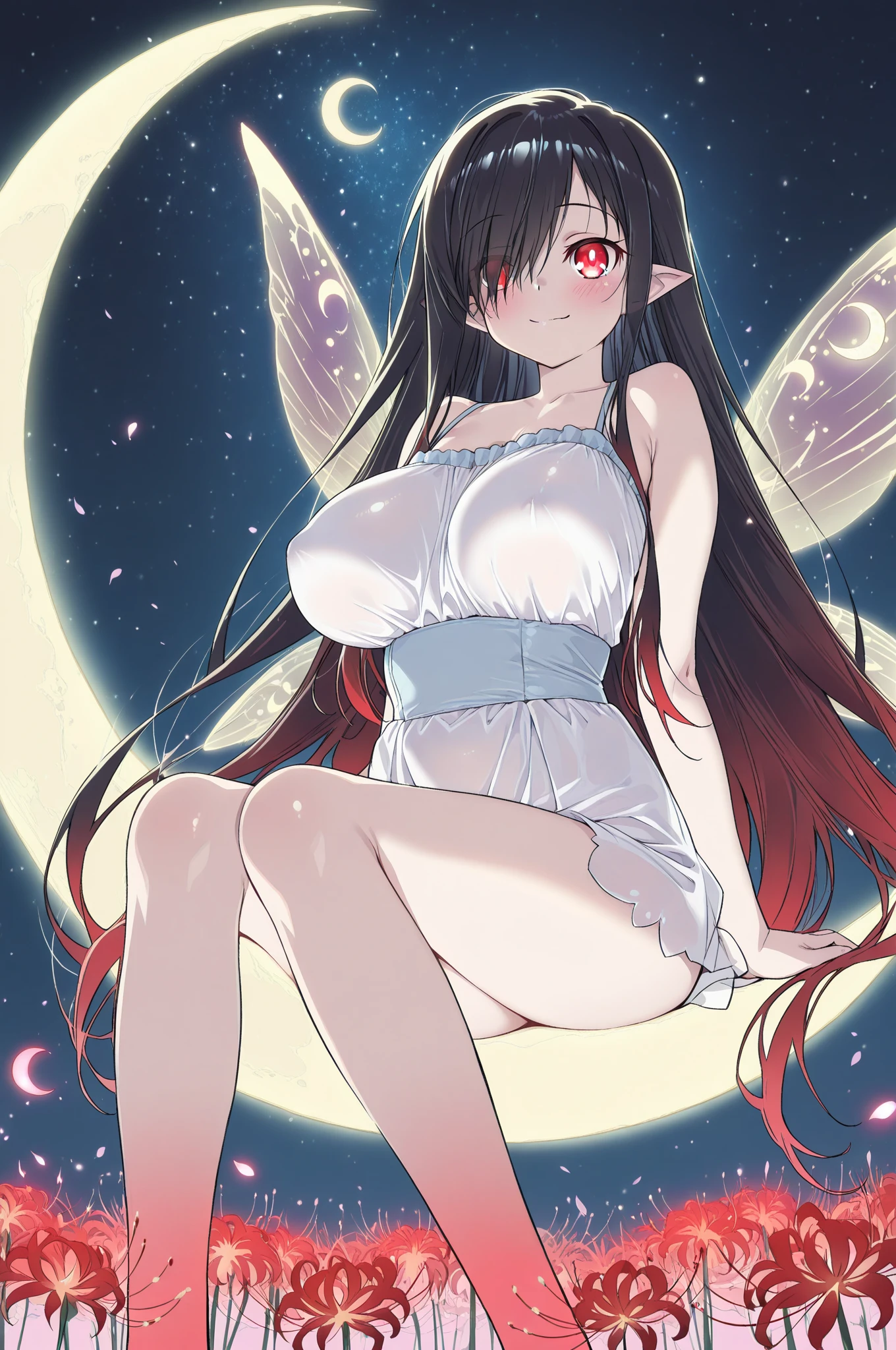 A twenty two year faery girl, with long black hair and dark brown eyes. She is skinny with big breasts and thighs. She has beautiful iridescent and pink fairy wings. Long black hair and brown eyes, and pointy elf ears. Has a silk dress, that covers her whole body.
