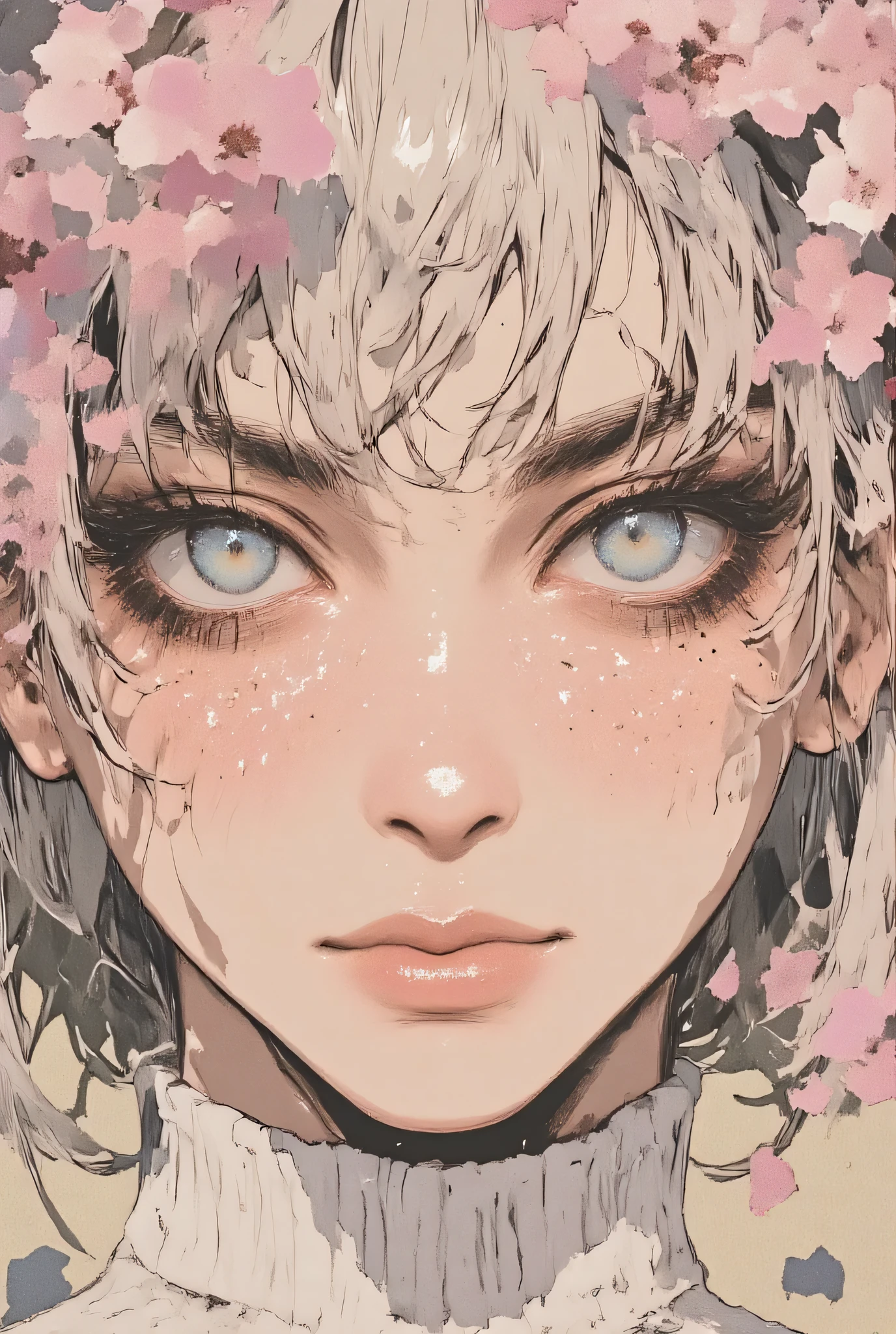 Ink painting、Old Paper Texture、 Damaged Paper 、old style 、faded colors、((Disaster in July 2025:1.2))、Cherry blossoms falling all over the screen、Only the eyes are visible in the picture、Ink paintingの絵画、ArsMJStyle, Zen Ink Wash Sumi-e、rough stroke anime、Ayase Haruka、