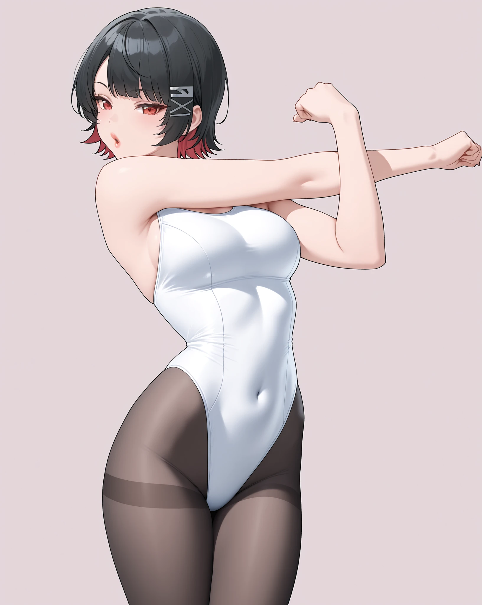 (pose:1.0, dynamic pose, stretching, adult Ellen Joe:1.0, one-piece swimsuit:1.0, stylish swimsuit:5.0, transparent Ellen Joe pantyhose:2.0, big mouth:4.0, big lips:4.0, open mouth:5.0, seductive eyes:4.0, detailed face, detailed mouth, small waist:1.0, wide hips:1.0), black hair, no headdress:1.0, no tiara, red eyes, 1woman, alone, (masterpiece, detailed face, perfect eyes),