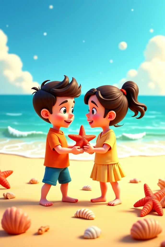 Image of a chubby girl and a skinny boy with specks in the beach side