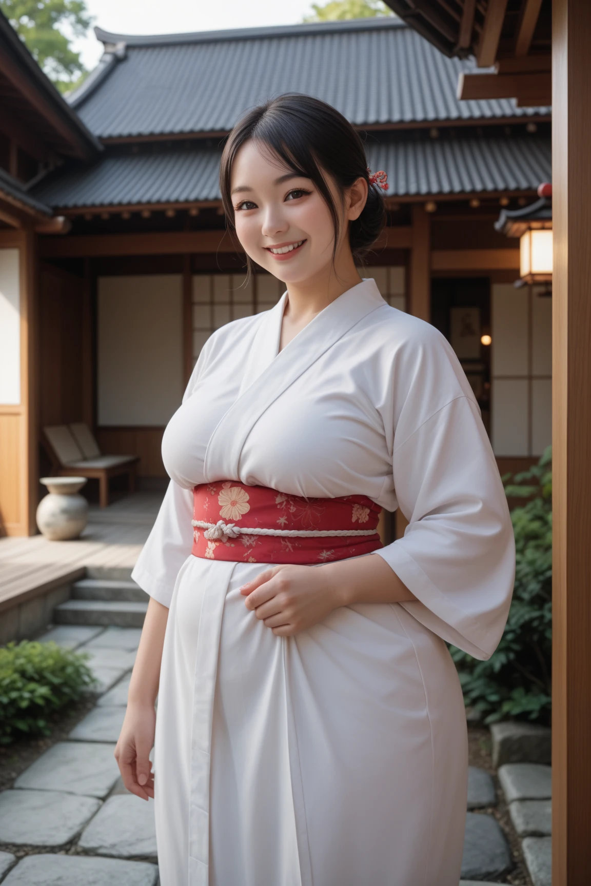 (Highest quality、In 8K、Masseter muscle area、Delicate illustrations)、Beautiful Japanese Shrine Maiden(A kind smile)、(Plump body 1.1)、((White kimono and red hakama)1.1)、Japanese shrines are crowded with people during the New Year.々Bustling with、Full body shot to the toes、Slightly large but firm round breasts、