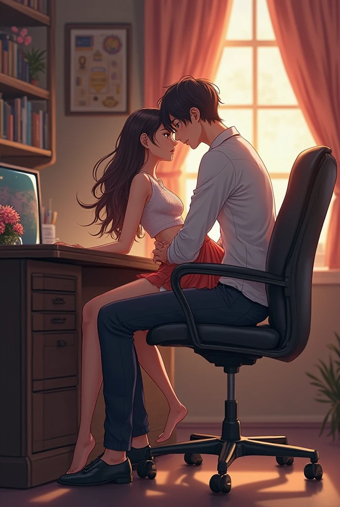 Man sitting in gaming chair with brunette woman sitting on his legs