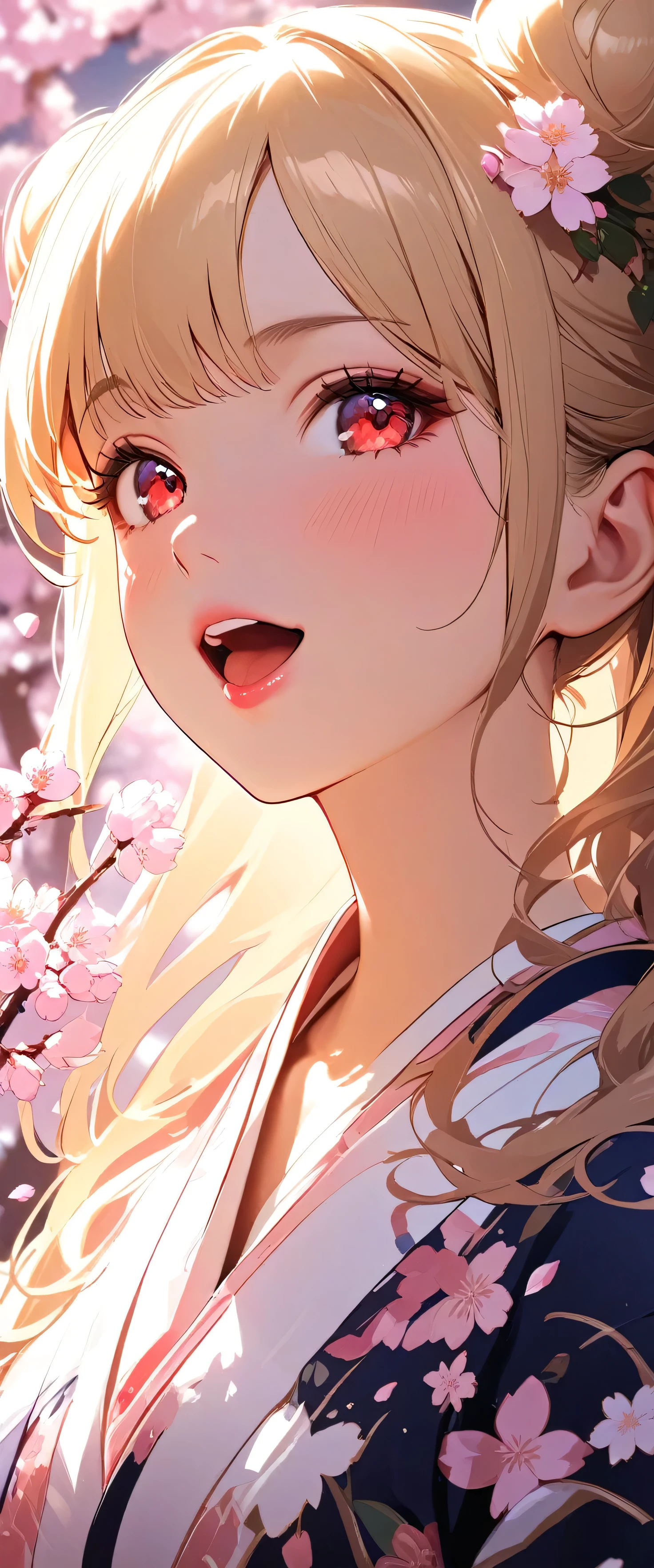 open your mouth wide,(beautiful girl: 1.3), 1girl ,masterpiece, Highest quality, Ultra-high resolution,rich contrast,super high quality,8k,Highly detailed CG unit wallpaper,texture,Unbelievably absurd,Ultra-high resolution,RAW Photos,Depth of Field 1.2,double buns,blonde,red eyes,(Beautiful and detailed kimono),blush,White skin,black,Long Hair,Beautiful glossy lips,pinup,((extreme close-up)),Cherry blossoms standing all around , petals,Warm Lighting,(She kissed the cherry tree),laughs,happy,