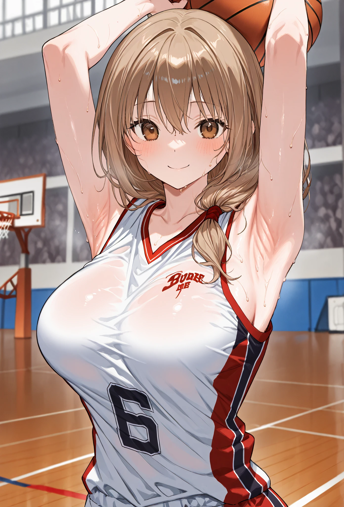 mastute piece,Best Quality,insanely detailed,8k cg,nsfw,
(shoot upper body:1.3),
(1girls:1.3),standing,looking at viewr,body in front,both arms behind back,(basketball uniform:1.3),(bare breasts:1.1),(bare nipples:1.1),
break,
blush,shy,(ecstasy face),(trembling:1.2),break,(light red hair:1.2),
break,
perfect breasts,perfect teats,(open mouth:0.9),(large breasts:1.2),
(basketball court)、