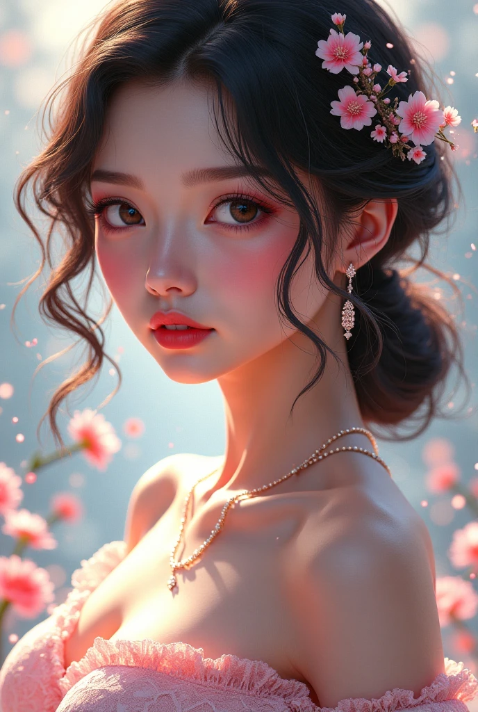 Asian Goddess wearing Pink dress and also a crown with attractive smile and Bright eyes