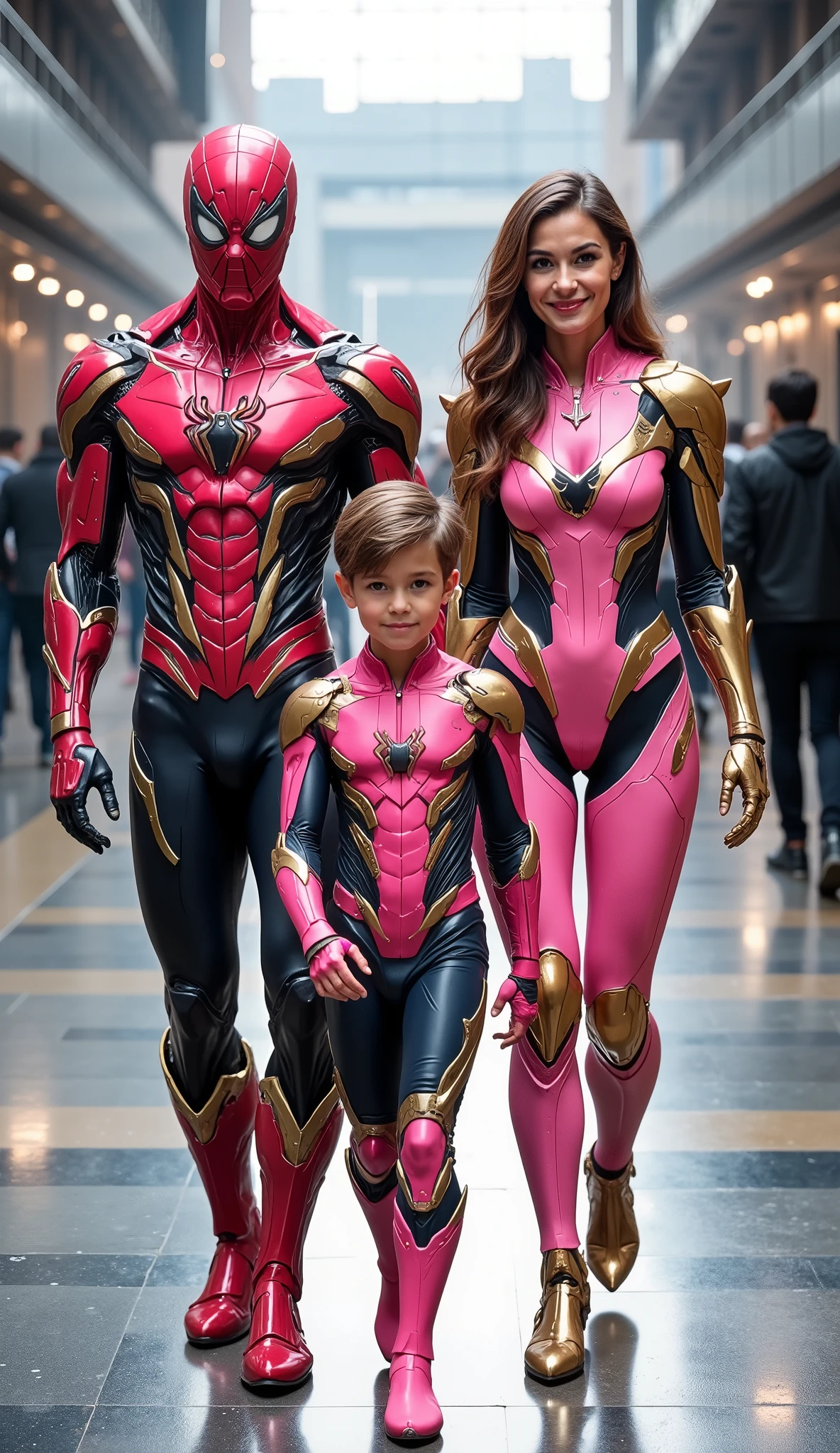character: 1 man with mask full head, 1 boy, and ung women.
action: Walk straight and look straight ahead.
Expression : smiling.
Costume : they Wearing futuristic pink Spiderman body suit with gold armor.
Background : A bright indoor public space , with people vaguely seen in the distance, shows that this picture was taken at a fun event or get-together, maybe a convention or costume . They radiate happiness as they walk confidently in their superhero costumes. Show the whole body.