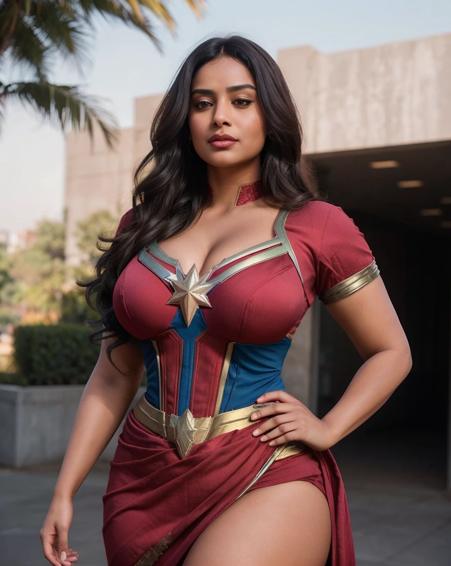 indian girl, big breasts, sexy supergirl costume, very cute, teenager, sexy pose, cleavage, beautiful face,