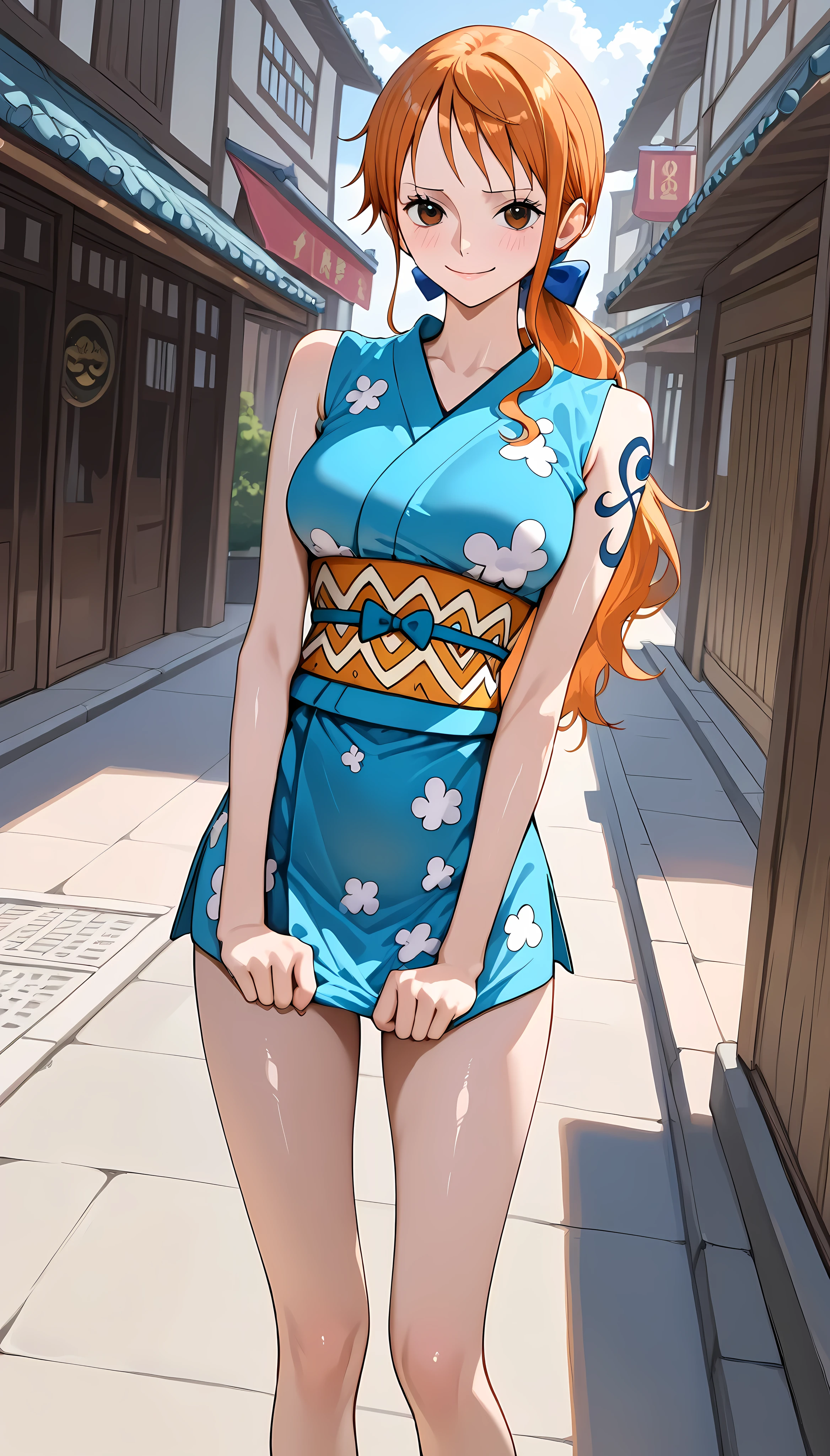 (masterpiece,best quality:1.2,amazing quality,very aesthetic,absurdres,newest,realistic),nami,one piece,1woman,solo,(very small head:1.2),(ideal ratio body proportions:1.2,slender body:1.2,skinny:1.2),medium breasts,low ponytail,long hair,shy smile,wearing blue mini kimono,sleeveless, tattoo,shiny skin,standing,on street,江戸,和風の街