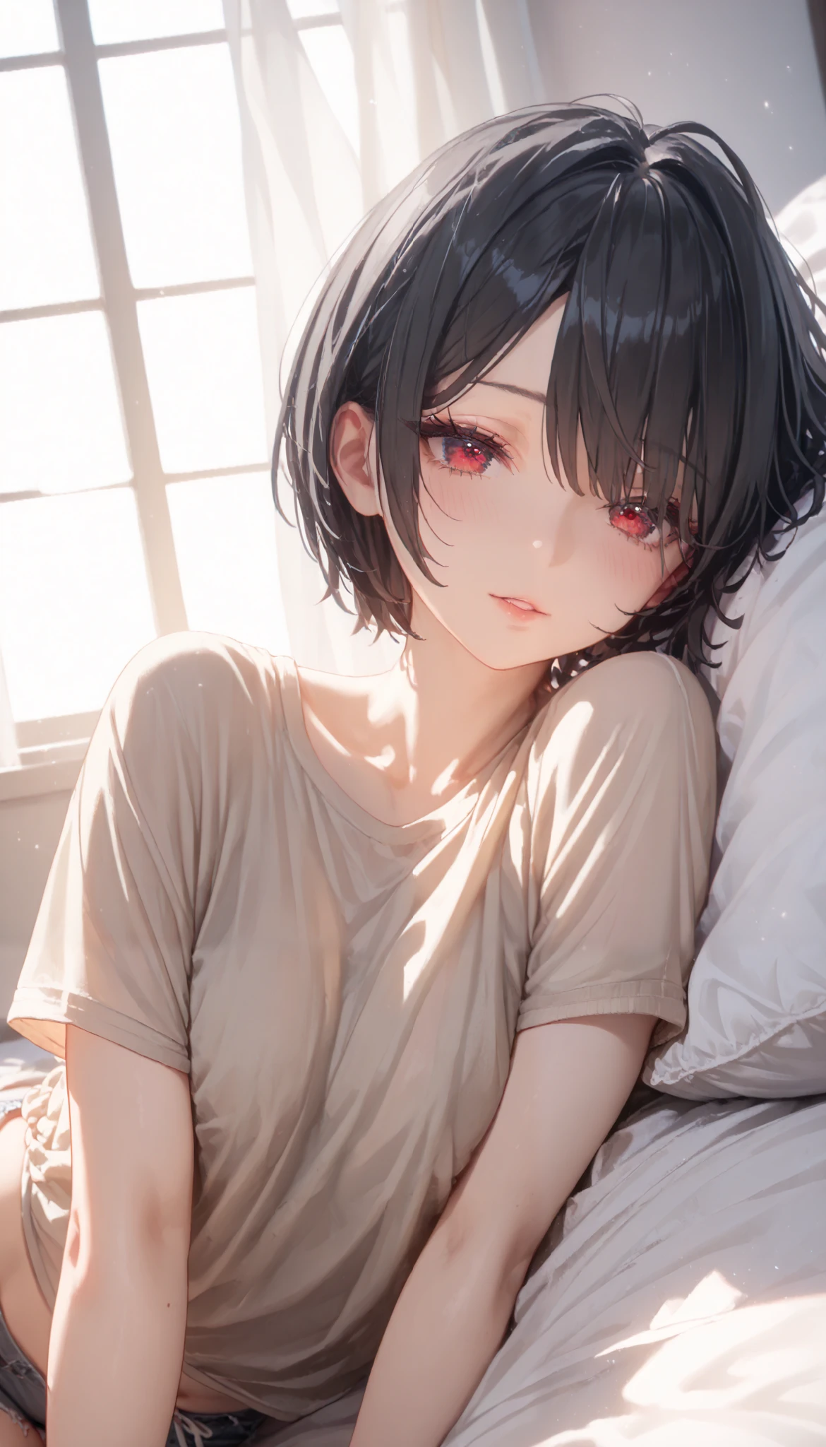 (top quality without window), ( more), ( best picture ), (masterpiece), detail line art, anime style, vivid color, beautiful and sexy Anglo-Saxon adult women, sharp jawline , perfect body ratio, Very small head, very small face, IDEAL PROFIT BODY PROFIT, The body is perfect, perfect style, Perfect balance, delicate facial features, BEAUTIFUL AND DETAILED WOMAN, VERY DETAILED eyes and face , (bright red eyes), realistic beautiful face, realistic beautiful eyes, slender, (((middle short hair, only black hair, no bangs))), Medium big chest , (On the bed in a modern bedroom in a modern stylish home.), (Beige cropped rib knit, very short pants, white socks ), Lying with both legs wide apart, He is holding his thighs with both hands. blush. night.