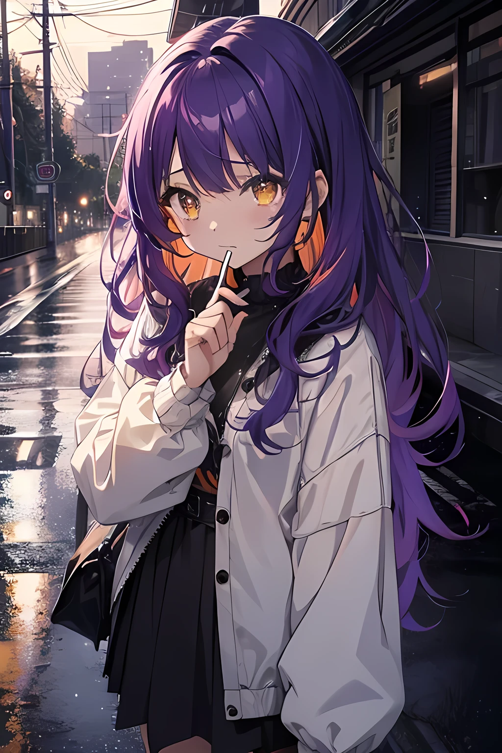 a girl、dark purple and orange bicolor hair、long hair、Curly hair、yellow eyes、scowl the person、sheds tears、Holding a lollipop stick、It rains、On the road、Raindrops、night、Lonely and depressing atmosphere、Anime Style、Highest quality。