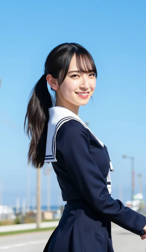 One Girl,(1人のとてもcute女の子:1.3),masterpiece,Highest quality,High resolution,From below,Low - Angle,Photorealistic,RAW Photos,Ray Tracing,Physically Based Rendering,beautiful girl,(15 years old:1.3),cute,Big eyes,(detailed pupils:1.2),(The face is facing straight ahead:1.3),Body facing forward,Beautiful nose,Upturned nose,Fuller lips,Short black hair,ponytail,short hair,Detailed eyelashes,Thin eyebrows,Very fine grain definition,(Symmetrical eyes,Golden Ratio:1.3),(Beautiful feet:1.0),Small breasts,Short neck,Navy Blue Blazer,Checkered pleated skirt,School uniforms,Ocean岸,Blue sky,White cloud,Ocean,White socks,Long legs with slender stretches,Put your hands behind your back,View Viewer,whole body,Cinema Lighting,High resolution,Very detailed