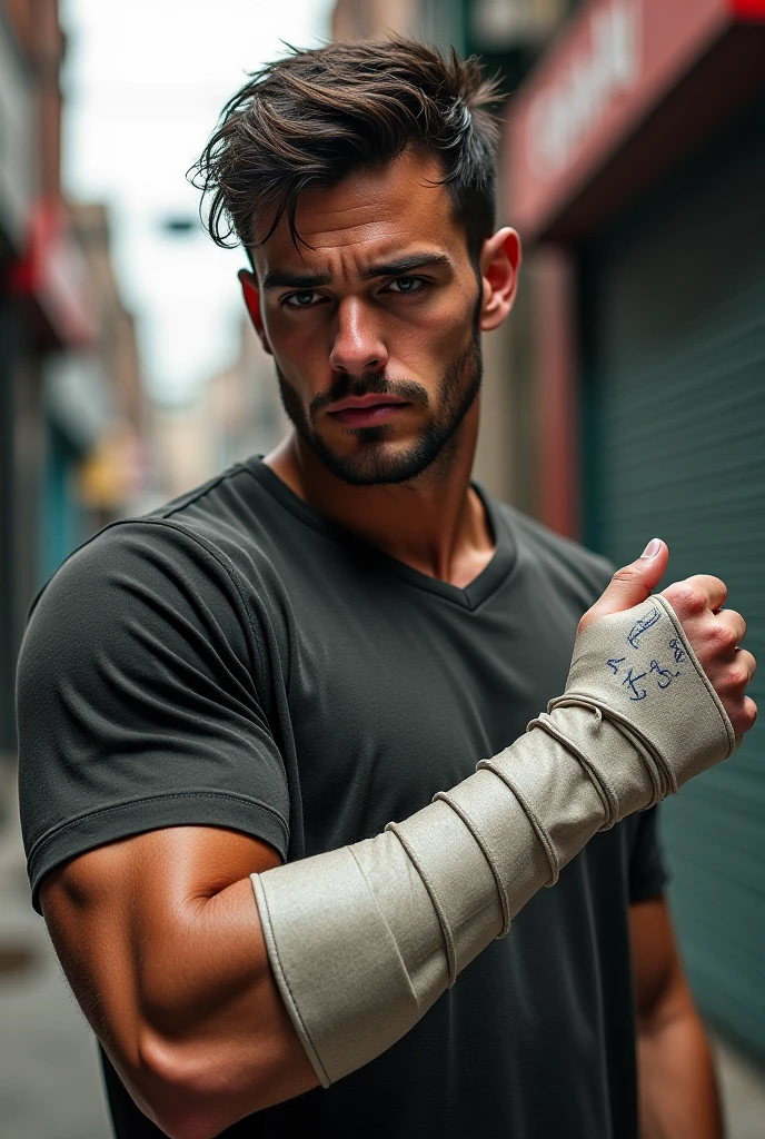 a young male, 18 years old, age appearance, lightly tanned skin, athletic body, {{{short blonde hair with a pompadour haircut}}}, {{{with a band aid on his cheek}}}, {{ {green eyes}}}, {{{red tank top completely ripped}}}, {{{black shorts completely ripped}}}, {{{wearing gloves on hands}}}, {{{in the bedroom}}}