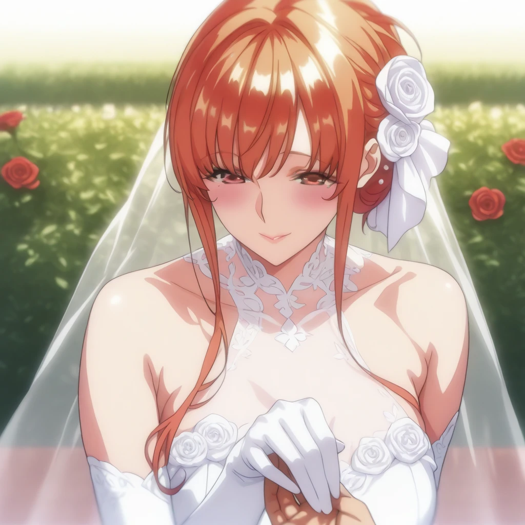 (RAW photo, best quality), masterpiece, an extremely delicate and beautiful, extremely detailed, 2k wallpaper, Amazing, finely detail, extremely detailed CG unity 8k wallpaper, ultra-detailed, highres, soft light, beautiful detailed girl, extremely detailed eyes and face, beautiful detailed nose, beautiful detailed eyes, cinematic lighting, perfect anatomy, beautiful body, hires, best quality, masterpiece, 1girl, solo, long hair, hair ornament, hair over shoulder, braid, orange hair, blue eyes, wedding dress, wedding gown, frills, bride, bride veil, tiara, single braid, yato_kouka, outdoor, garden, flower petal
