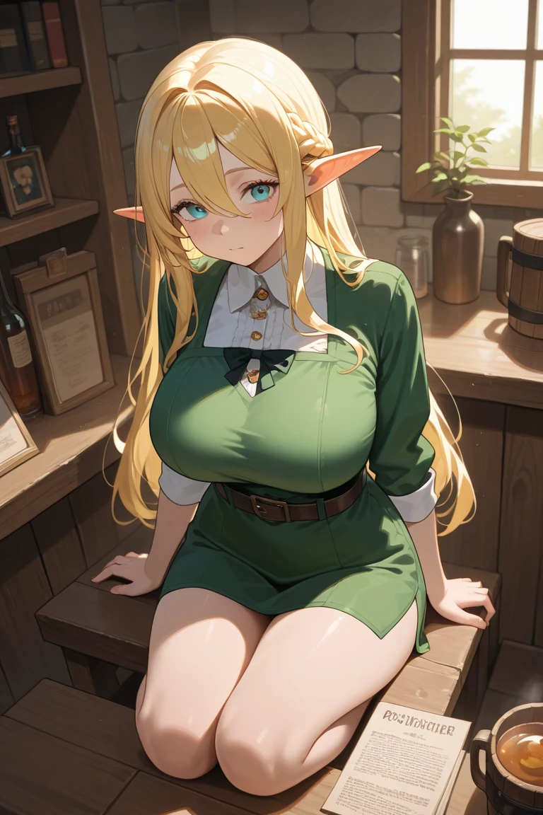 ((best quality)), a pretty girl with elf ear standing dress up in cute short magic dress long brunette hair decoleter tits with sexy pantyhose
