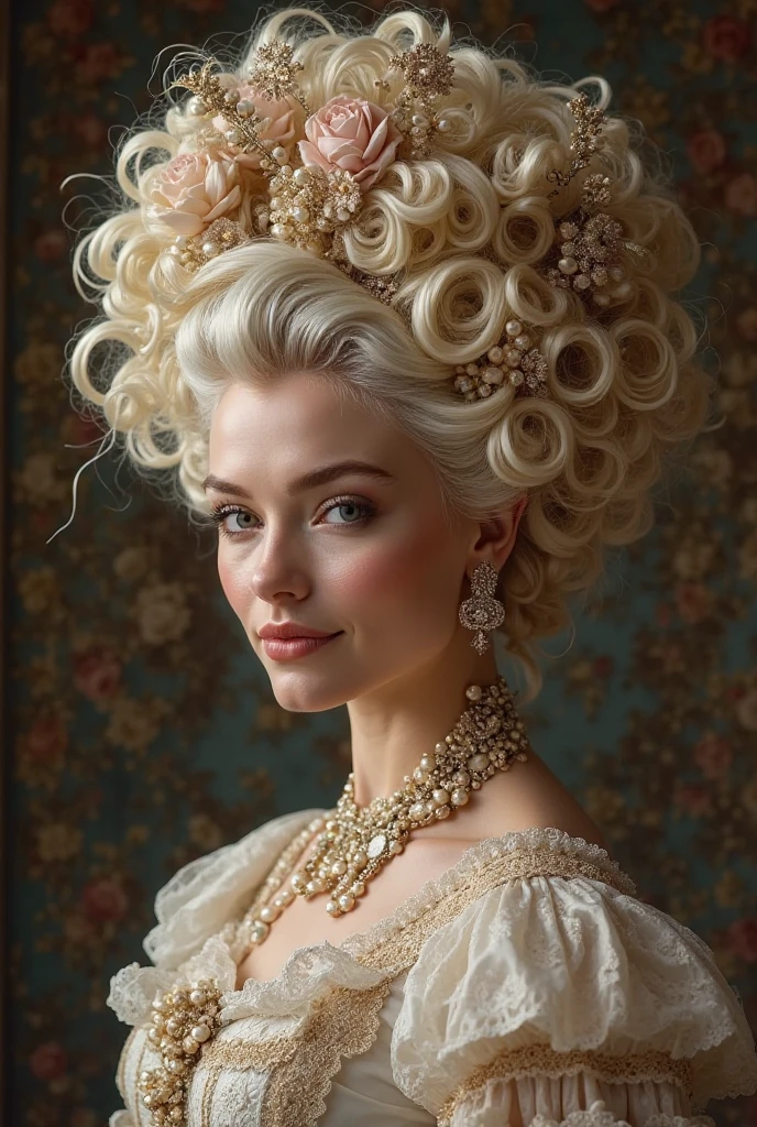 cinematic photo, gorgeous Georgian era woman, bare shoulders, head held high, grand elaborate white powdered wig, towering wig with curls and waves, delicate ornaments, detailed face, well-defined eyebrows, brown eyes, subtle rouge cheeks and kohl, delicate lace ruffle, silk skirt. lavish Georgian ballroom, crystal chandeliers, gilded furnishings. 35mm photograph, film, bokeh, professional, 4k, highly detailed