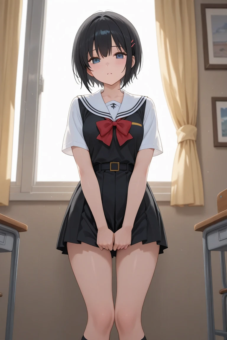 ((masterpiece,best quality)), highres, extremely detailed 8K wallpaper, depth_of_field, cowboy shot, (looking away:1.4), solo, 1girl, mogami \(kancolle\), black hair, short hair, black eyes / green eyes, swept bangs, small breasts, slender, skinny, smile, (full-face blush), school uniform, serafuku, brown shirt, black neckerchief, belt, brown skirt, kneehighs, black socks, black footwear, boots, white string thong, (full-face blush), ((embarrassed)), sad, BREAK, (Skirt lift:1.4), (lifted by self:1.4), string thong focus, ((accentuate white string thong)), ((skirt grab with both hands)),extremely detailed hands, (restroom:1.2),(urinal:1.3), dirty, trash, cracked wall, dark, broken, abandoned, (night:1.5),(dark background:1.1),