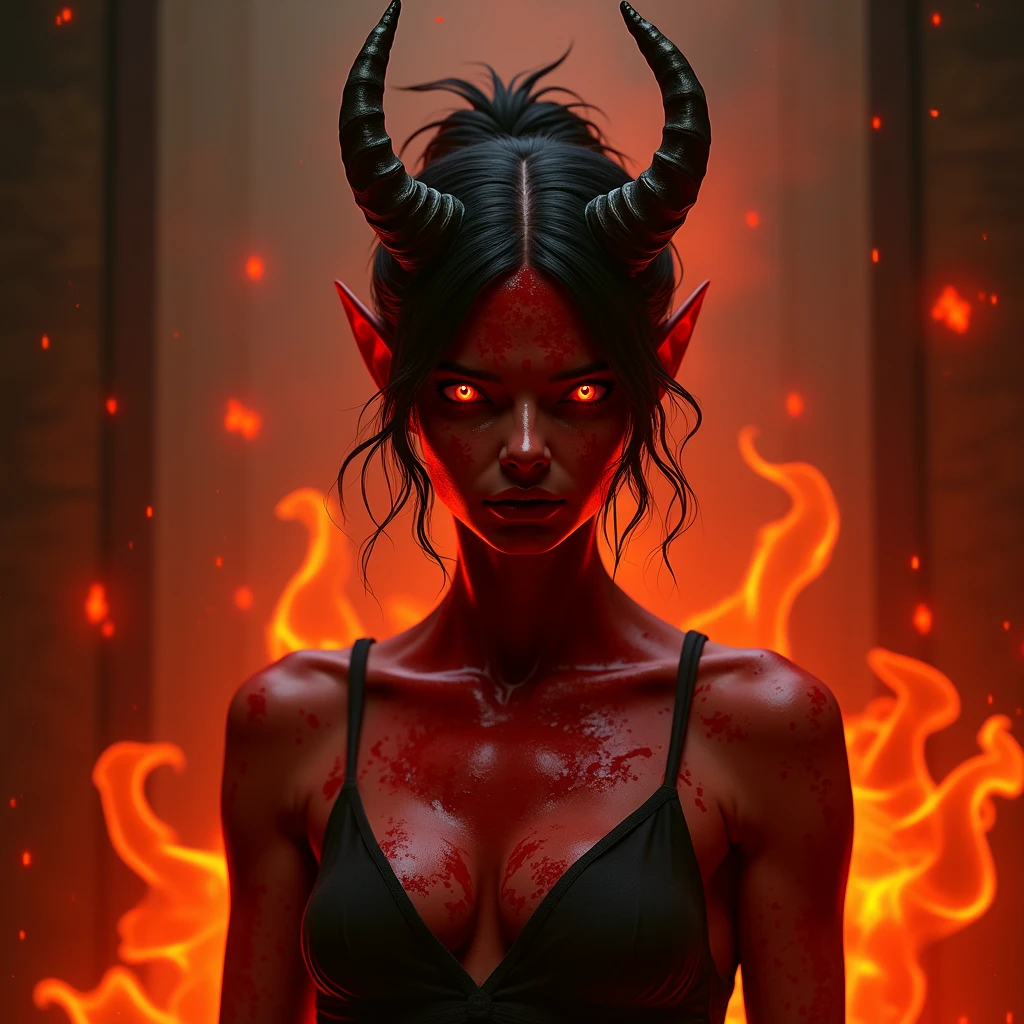 full body portrait of a devil Priestess man, evil smile, big eyes, expression of anger, war paint, full red skin, full brown and black colors, red aura, 2d art cover, official fanart behance hd artstation by jesper ejsing, by rhads, makoto shinkai and lois van baarle, ilya kuvshinov, rossdraws, masterpiece, smooth render, unreal engine 5 rendered, octane rendered, cel shaded, ray tracing, dark studio, rim lighting, two tone lighting, dimly lit, low key, anime key visual, high contrast, masterpiece masterpiece, best quality, realistic, photo, sweat, smooth skin, sideways glance, extremely detailed 8K, smooth, high resolution, ultra quality, hd, 2k, 4k, 8k, 16k, foreshortening, unnatural fusion, (inexplicable behavior), lurking dread, hidden horror masterpiece, best quality, detailed, realistic, 8k UHD, high quality, lifelike, precise, vibrant, absurdres, 3d style, ((best quality)), ((masterpiece)), ((ultra realistic)), detailed soft oil painting, detailed background, dramatic cinematic lighting, soft edge lighting, professional, dramatic lighting, hard edge lighting, ultra quality, 4k,(masteriece, best quality, 8k, ultra highres, highres:1.4), extremely detailed