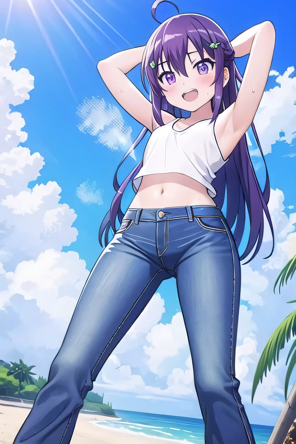 masterpiece, best quality, ultra detail, ((Perfect Face, perfect eyes, perfect hair, perfect arm)), 1girl, , petite, ((round face, ecstasy, orgasm face, drooping eyes, shame smiling, blush)), dropping eyes, sleepy, Open mouth, ((White teeth)), background((under the beach, (day:1.2), blue ocean, bright sky)), miku hatsune, ahoge, (purple eyes:1.2), (dark purple hair:1.2), crossed bangs, hair between eyes, hair ornament, (long hair:1.4), (straight hair:1.7), ((arms behind head:1.4)), ((contrapposto)), spread armpits, looking at viewer, (pink tank top:1.2), (pink crop top:1.2), (jeans pants:1.2, flares jeans:1.2, skinny jeans:1.2, blue jeans:1.2), standing, (legs spread:1.4), sexy pose, Sweaty crotch, Steam from the crotch, from below, whole body