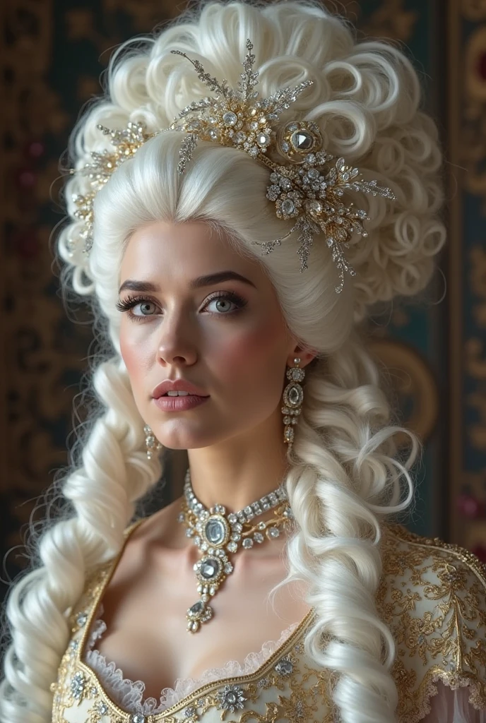 cinematic photo, gorgeous Georgian era woman, bare shoulders, head held high, grand elaborate white powdered wig, towering wig with curls and waves, delicate ornaments, detailed face, beautiful face, well-defined eyebrows, brown eyes, subtle rouge cheeks and kohl, delicate lace ruffle, silk skirt. lavish Georgian ballroom, crystal chandeliers, gilded furnishings. 35mm photograph, film, bokeh, professional, 4k, highly detailed, (tighs to head focus),detailxl