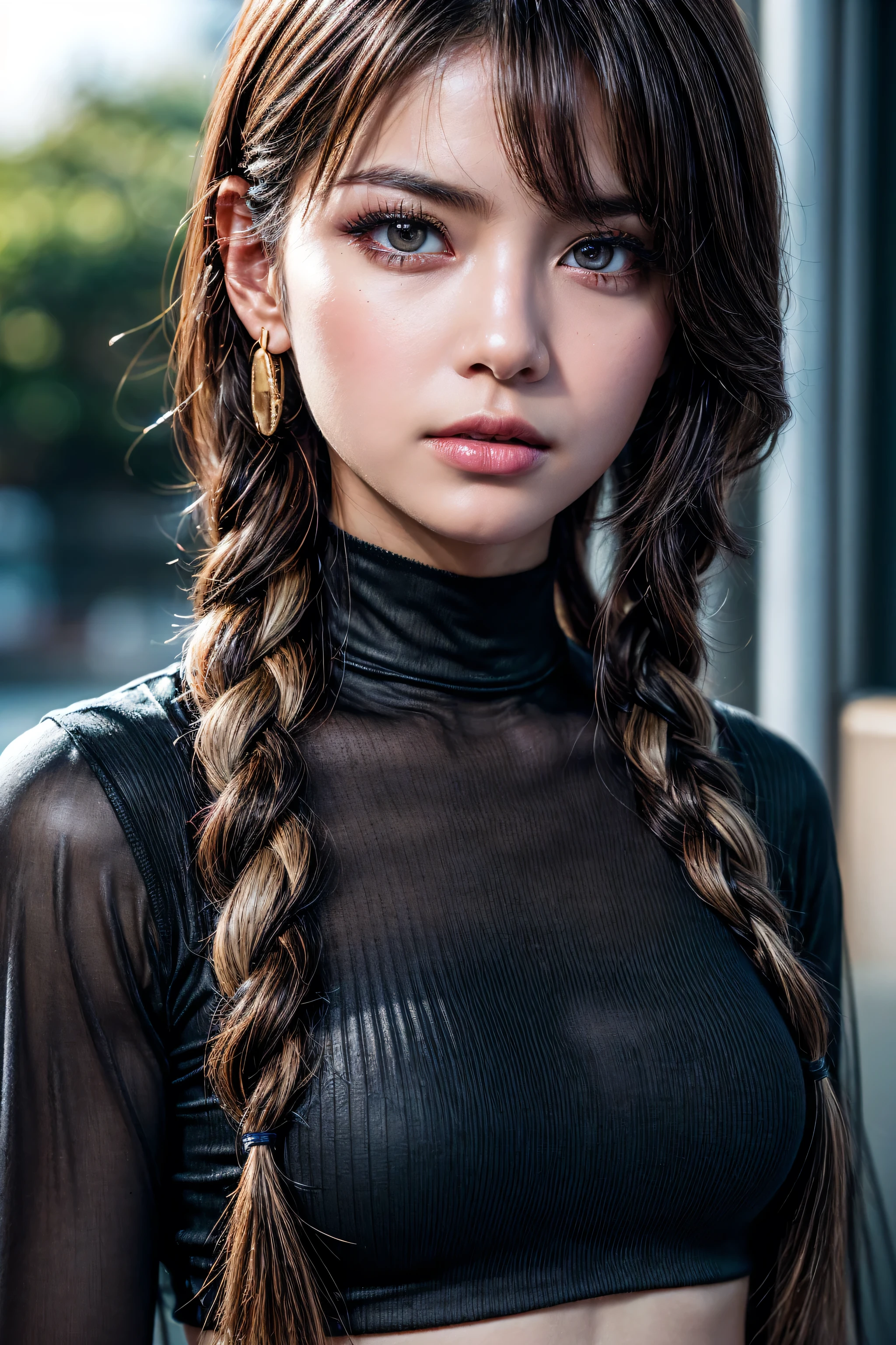  [Style: "Photorealistic, cinematic, cyberpunk"](Key Directive: "Ultra-sharp human eyes with biological accuracy"){ Character: "20-year-old Caucasian woman" | Face: - "symmetrical pale skin (subsurface scattering:1.3), full lips (vertical lip wrinkles:0.7)" - "Eyes: (acid-resistant terminology) (macro-details:1.5): Moist corneal surface (visible aqueous layer:1.2) Hyper-detailed iris stroma (brown with gold flecks) Precise limbal ring (slightly darker pigmentation:1.1) Pupil micro-texture (irregular edge authenticity:0.9) * Vasculature in sclera (subtle red veins radiating from limbus)" - "Lashes: blue individual synthetic fibers (crosshatched roots:1.2, clump-free separation)" | Hair: "white braid with split-end realism (neon light diffraction patterns)" | Pose: "combat-ready stance (biomechanically plausible spinal twist)" Technical Specs: (Optics: - "Zeiss Otus85mm f/1.4 lens (eye refraction calculations:1.3)" - "Shutter Speed:1/500 (freeze eye micro-movements)" - "Focus Stacking:7-point coverage on iris plane" (Post-Processing: - "Frequency separation for skin vs eye details" - "Selective sharpening: eyes200%, hair80%" - "Denoise: luminance20, color35 (retain corneal speculars)") Attire: [Top: "white leather crop top (wrinkled texture, sweat sheen:0.6)"] (Post-Processing: "motion blur on swinging braid, chromatic aberration:0.5") (Render Engine: "Unreal Engine 5 path tracing, 16K texture maps") }