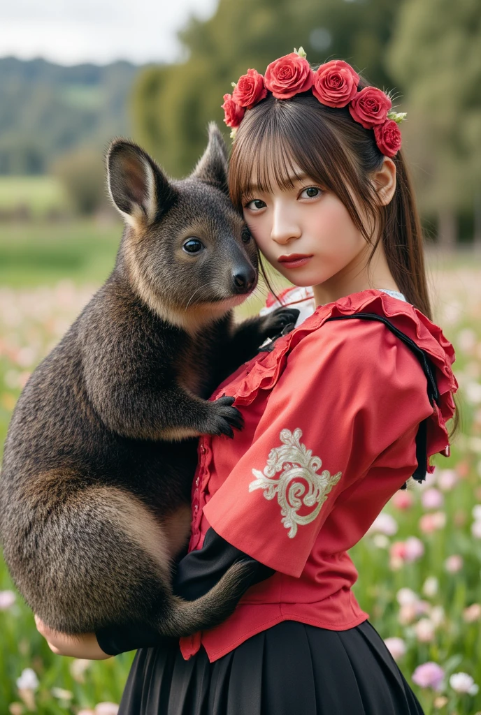 1 A cute young girl hugs a white rabbit doll., Wear a long skirt red white spots ,Standing in the middle of a circus, smiling face ,