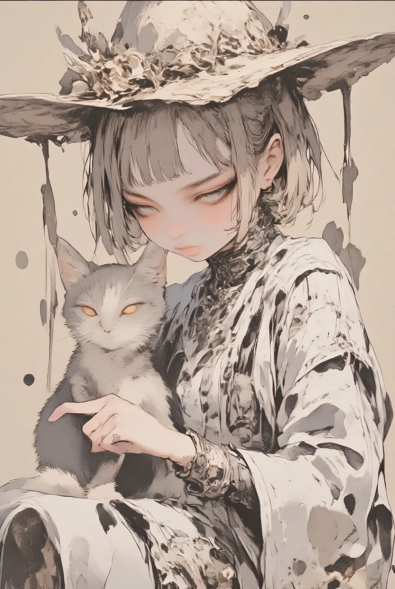 Ink painting、Old Paper Texture、 Damaged Paper 、old style 、faded colors、((Beautiful girl playing with a cat、smile:2.0))、Ink paintingの絵画、ArsMJStyle, Zen Ink Wash Sumi-e、rough stroke anime、Highest quality、D4rkCyb3rDyn34n1m3 style、