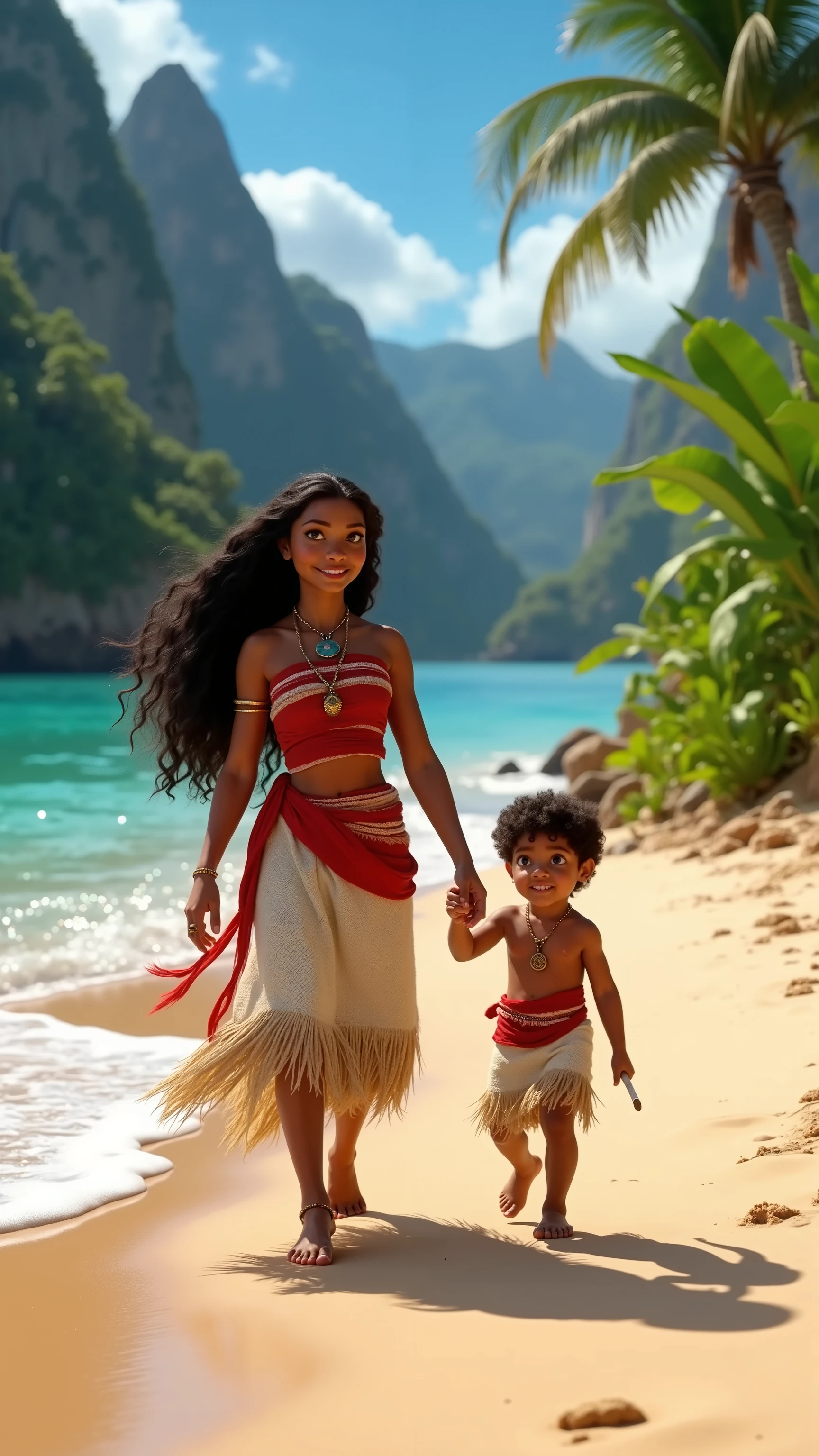 A hyper-realistic, full-body shot of Moana and her young son walking forward towards the camera along the shores of a tropical island. Moana, dressed in her traditional red and white island attire, with her hair flowing freely in the warm breeze, walks confidently and gracefully across the soft sand. Her son, a small boy with dark, curly hair, walks beside her, his small feet leaving footprints in the sand as he playfully stirs the ocean waves with a stick. The clear turquoise water sparkles under the sun, and lush green tropical plants sway gently in the wind. Behind them, the majestic mountains of the island rise in the distance, and the sky is bright and full of life. Moana’s expression is one of love and determination as she looks ahead at the camera, guiding her son with a nurturing gaze. The scene is rendered in 8K ultra-realistic detail, capturing the textures of their clothing, the soft sand, the clear water, and the vibrant, stunning landscape of the island.