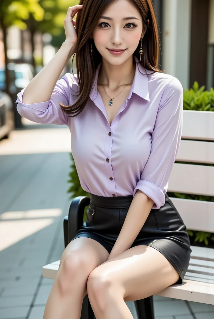 A person's point of view, (On a table:1.3), A high resolution, ultra - detailed, extremely detaild的 CG unified 8k wallpapers, actual, 真实感, RAW photos, beautiful detailed face, pale-skinned, Realistic shiny skin, Fabric texture is delicate, Detailed hair texture, perfect body figure, Nice face, Acura, Anatomically correct, Highly Detailed Face and Skin Textur, natural neck length, (beautiful hand), (Fair skin:1.2), lean legs, thin feet, off and on, 詳細な目, symetric eye, light brown eyes, 二重まぶた, tthin eyebrows, (glossy lips:1.4), ((Smiling softly:1.2)), (The face is red:1.1), off and on, (Elegant and cute girl:1.3), (wear elegant clothes (light violet) button- shirt:1.2), ((navy) Long skirt with irregular hem:1.2), Close button, (long skirt), mediuml breasts, (long slim figure:1.1), Tighten abs, Beautifulcollarbone, (Dark blonde hair, curlies, Long gray hair:1.2), ((asymmetricalbangs:1.2)), off and on, (Gently stretch out a hand downwards:1.2), ((In a modern office in China)), (cow boy shooting:1.2), looking at viewert, frontage