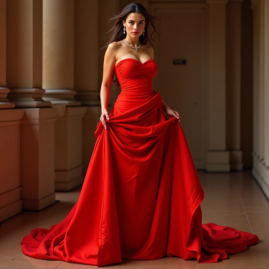 crie essa imagem nos anos 80 em baile gala, com um vestido vermelho