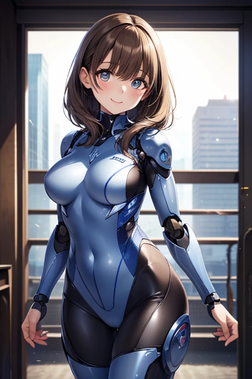 UHD, retina, anatomically correct, textured skin, masterpiece, accurate，SOLO，high quality,extremely detailed，(A huge oppai robot female),(Iron body:1.7),(shiny skin:1.8),(bright light),(Open pose:1.7),[detail face],(petty face:1.7),(Police type robot)(Blue and white)