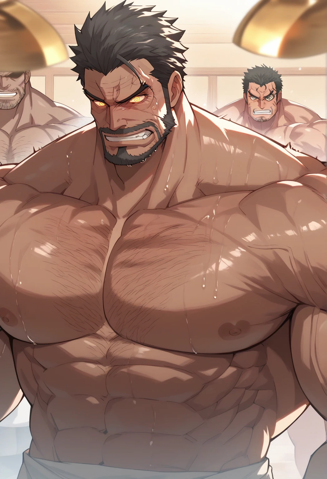 A bearded adult man, dark shaped eyes, stark, fatter, アニメ style, アニメ bara, アニメ, estética de アニメ, playing video game