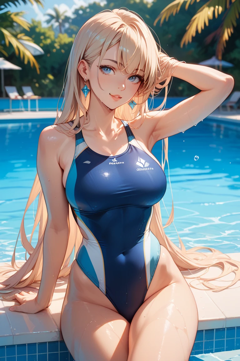 ((Best Quality)), (ultra-detailliert), ((Extremely detailed)), (Beautiful), ((Kawaii Girl)), ((UHD)), (masterpiece), (high quality), (best quality), (4K), (high quality), 1, solo woman, 1woman, ((platinum blond hair)), parted bangs, ((hair intakes)), long hair, (hair two side up long), ((jade colored eyes)), slanted eyes, large breasts, slender body, competition swimsuit, Pool Background, (blue sky:1.3), solar, sunlight, anime style, full body,