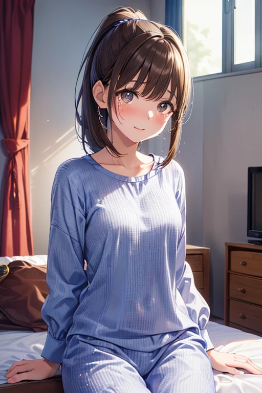 irrational solution, High resolution, (masterpiece: 1.4), Very detailed, (((Detailed face, Detailed Expression)), Two Girls, Girl and Girl, friend, best friend, classmate, relax, ponytail, Bob, sitting on bed, Sitting on the floor, two people having a conversation, Room Background, friend, Relatives and friends, Home, 1k, Small room, curtain, bed, tv set, mechanical, Loungewear, Kyoto Animation, Kyoto Animationの雰囲気, (Tears in my eyes)