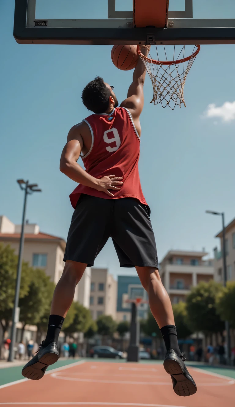 (女子選手)basketball, Demi-terrain, 1 ballon, 1 joueur , ((Slam Dunk)), peau musclée, uniforme de basket-ball, ((Tir dunk )), Saute haut et tire vers le bas, angle de caméra de haut en bas