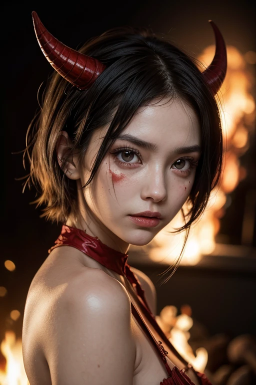 I want a BROWN woman with eyes covered in a demonic red aura, I want her to have a serious expression and extremely dark and firm eyes, and an extremely strong red demonic aura that surrounds his entire being, this woman has two horns that are embedded in red flames and will have long black hair, and wore a black kimono with blood red butterflies, appear to be at least 24 years old. captured in an ultra-realistic full HD 4K portrait, detailed texture showing its menacing shape, Immersive atmosphere, high definition shadow play, digitalpainting, nevoa no environment. I want a different monster from each other and make the image darker, obscure, creating a dark and dimly lit horror atmosphere!