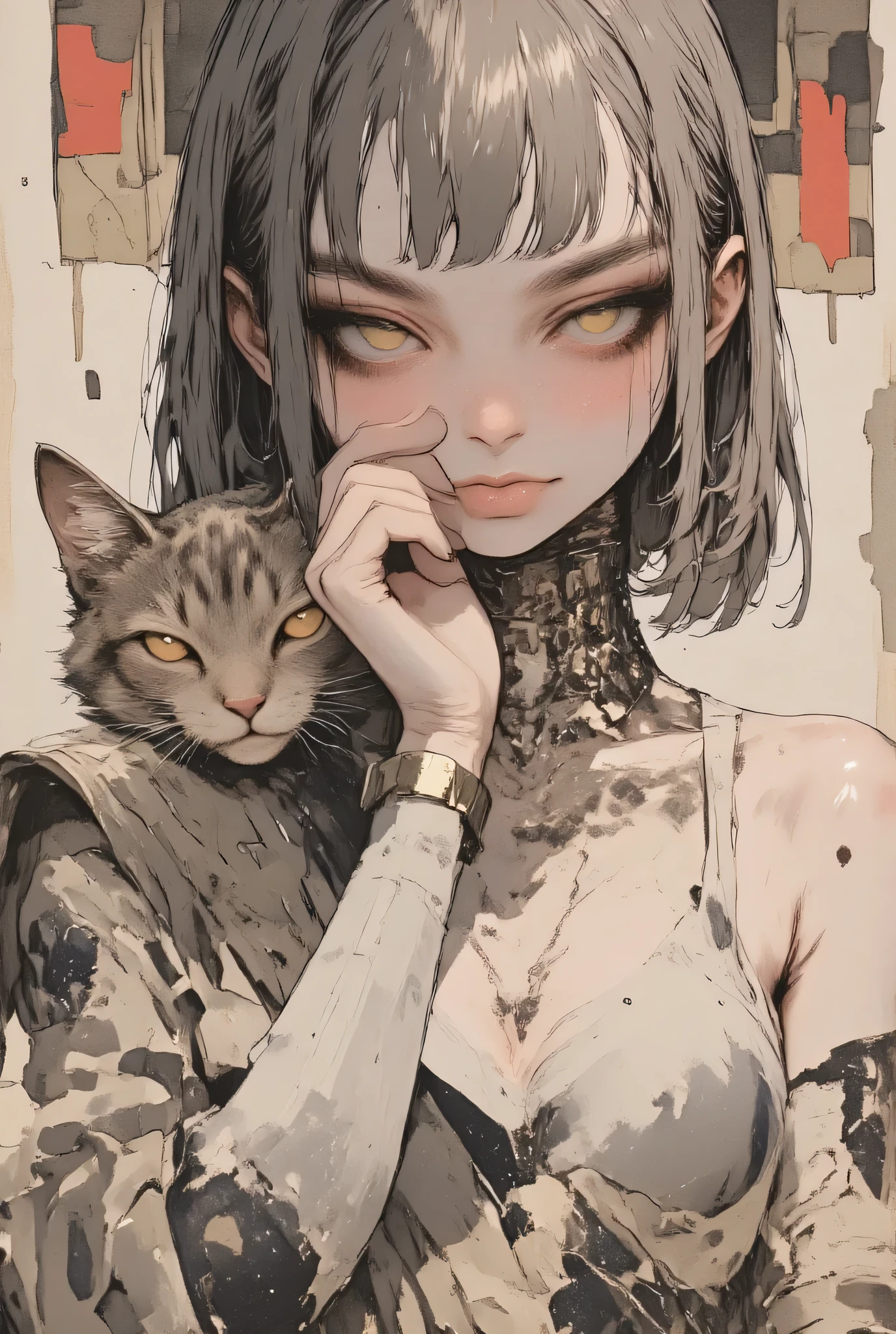 Ink painting、Old Paper Texture、 Damaged Paper 、old style 、faded colors、((Beautiful girl playing with a cat、smile:2.0))、Accurate Cat 、Ink paintingの絵画、ArsMJStyle, Zen Ink Wash Sumi-e、rough stroke anime、Highest quality、D4rkCyb3rDyn34n1m3 style、